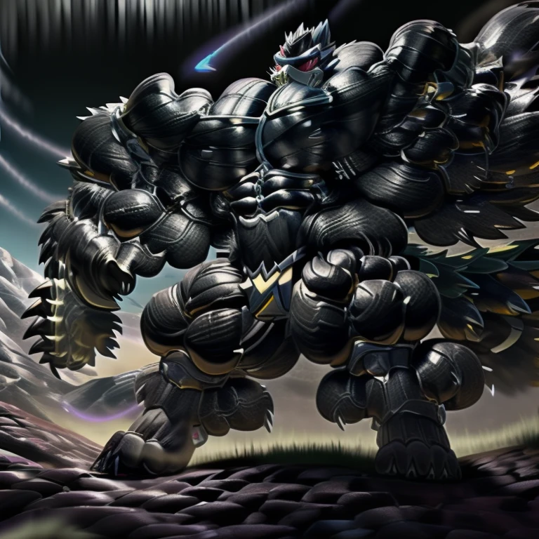 LUCARIO, (gigantic muscles), 8K, Masterpiece, highres, future fiction. Detailed head, Detailed Body, full body, Detailed abs, wearing crNanosuit, big muscle (pecs, triceps, traps) unusually developed muscular body, body full of huge muscles. showing off muscles, pectorales enormes. Exaggeratedly huge muscles. Gigachad Muscular, gigantic muscles, Colossal giant NANOSUIT over a battlefield, 
The claws are sharp,
Sharp teeth,
Spread wings, have big wings.
nj5furry, Animal paws, thunderstorm, rainy weather, lightning,