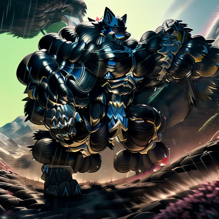 LUCARIO, (gigantic muscles), 8K, Masterpiece, highres, future fiction. Detailed head, Detailed Body, full body, Detailed abs, wearing crNanosuit, big muscle (pecs, triceps, traps) unusually developed muscular body, body full of huge muscles. showing off muscles, pectorales enormes. Exaggeratedly huge muscles. Gigachad Muscular, gigantic muscles, Colossal giant NANOSUIT over a battlefield,
The claws are sharp,
Sharp teeth,
Spread wings, have big wings.
nj5furry, Animal paws, thunderstorm, rainy weather, lightning,