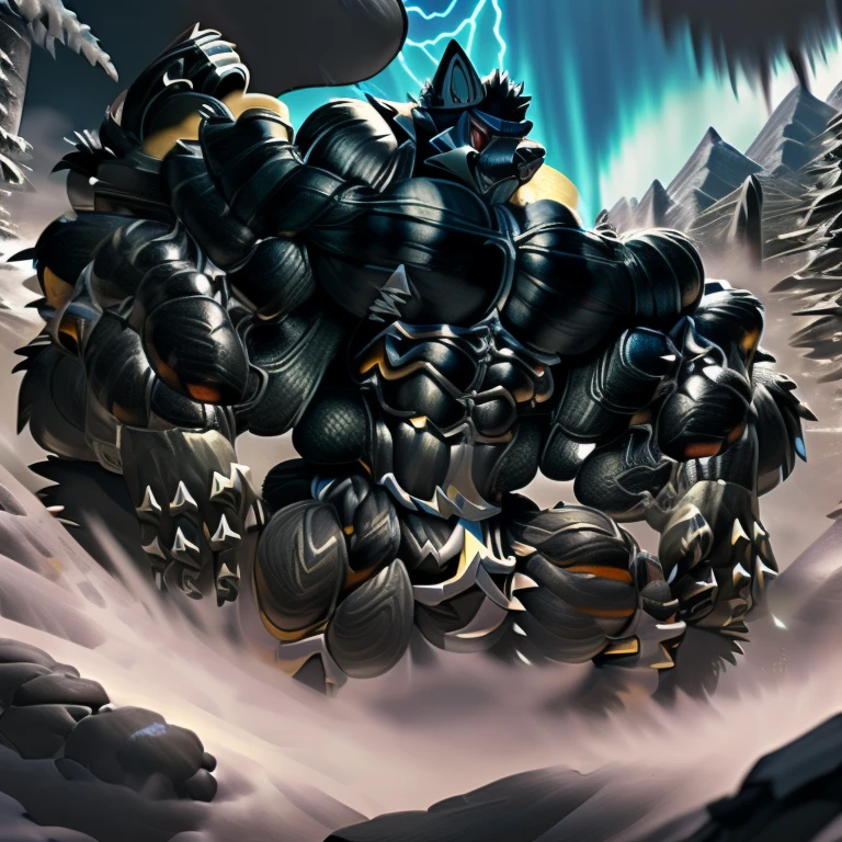 LUCARIO, (gigantic muscles), 8K, Masterpiece, highres, future fiction. Detailed head, Detailed Body, full body, Detailed abs, wearing crNanosuit, big muscle (pecs, triceps, traps) unusually developed muscular body, body full of huge muscles. showing off muscles, pectorales enormes. Exaggeratedly huge muscles. Gigachad Muscular, gigantic muscles, Colossal giant NANOSUIT over a battlefield,
The claws are sharp,
Sharp teeth,
Spread wings, have big wings.
nj5furry, Animal paws, thunderstorm, rainy weather, lightning,