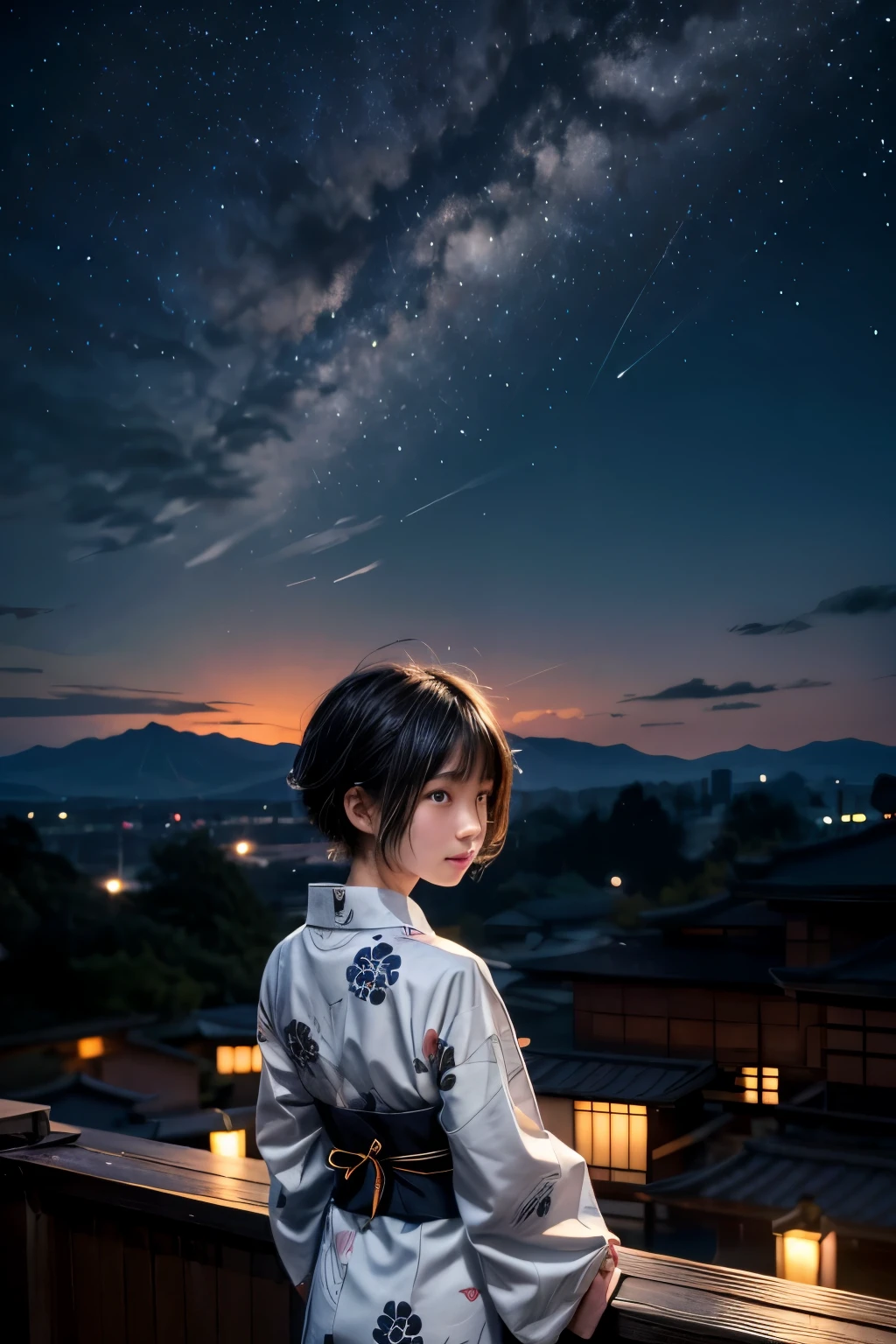 A 15-year-old Japanese girl stands gazing at the night sky、Slender、wearing a black yukata。White medium short hair。The yukata has a white rabbit design。Highest quality。Pose in the back。