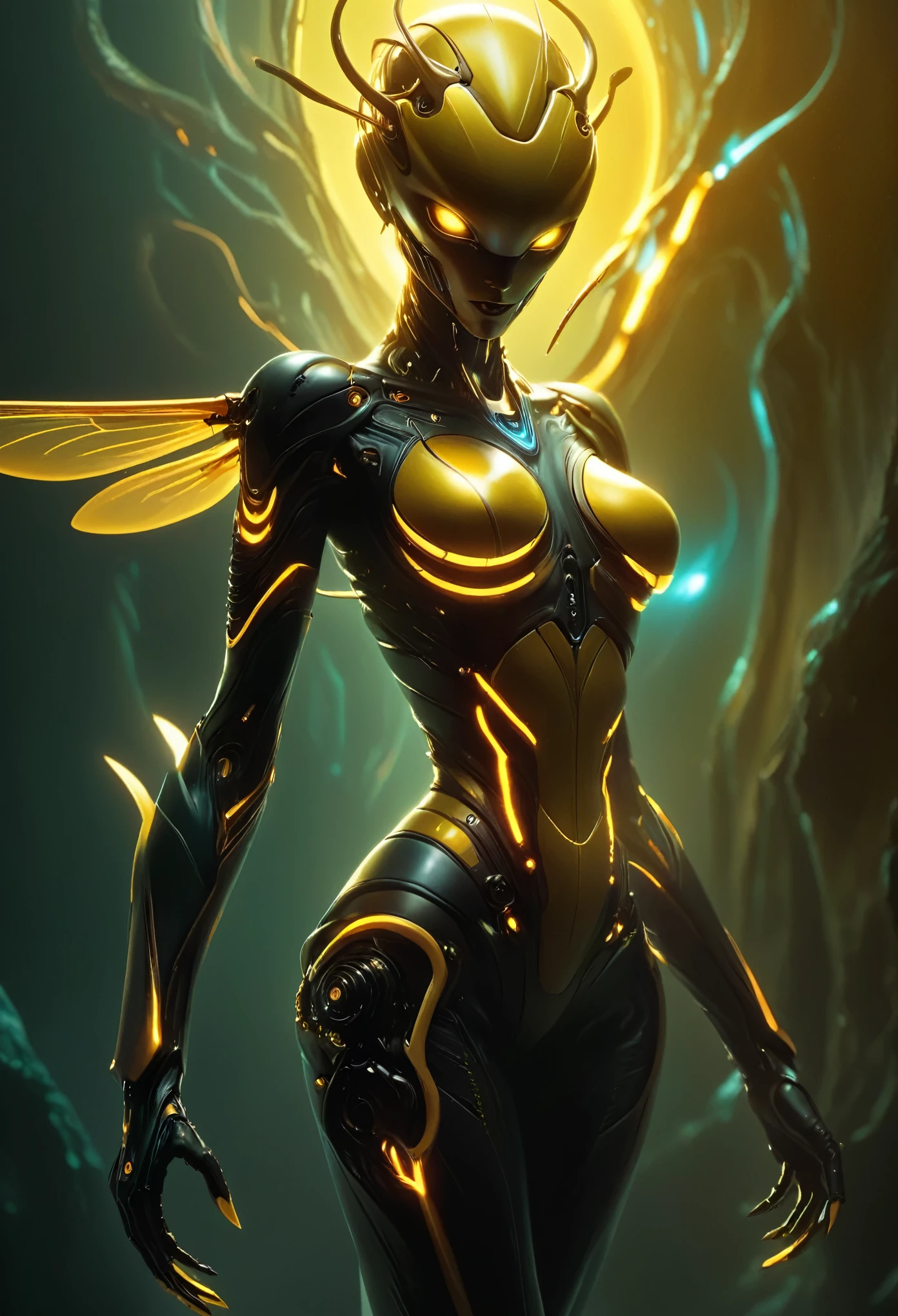 (Best Quality, 4K, 8K, High Definition, Masterpiece:1.2), (Ultra Detailed, Realistic, Photorealistic:1.37),In this daring design, the fusion of hornet and human attributes results in a seductive yet lethal female alien, sure to captivate and intimidate in equal measure.

At the forefront of this design is the alien's face, which combines the fierce features of a hornet with an otherworldly allure. Her large compound eyes gleam with an ethereal radiance, drawing in her prey with a hypnotic gaze. The menacing mandibles of the hornet are delicately integrated into her jawline, adding a hint of danger to her captivating visage.

Adorning her abdomen are the unmistakable yellow and black stripes of a hornet, accentuating her sleek and alluring form. Nestled within this abdomen lies a retractable stinger, poised to deliver a potent venom to any who dare cross her path.

But it is her impossibly slender waist that truly sets her apart, its extreme curvature enhancing her otherworldly beauty and accentuating her feminine allure. With every movement, she exudes an aura of grace and sensuality, effortlessly commanding the attention of all who behold her.

Combined with advanced technology and an enigmatic charm, this fusion of hornet and human traits creates a truly captivating alien unlike any seen before. With her seductive appearance and deadly capabilities, she represents the perfect balance of beauty and danger, a tantalizing enigma waiting to be unraveled.(NSFW:1.3)