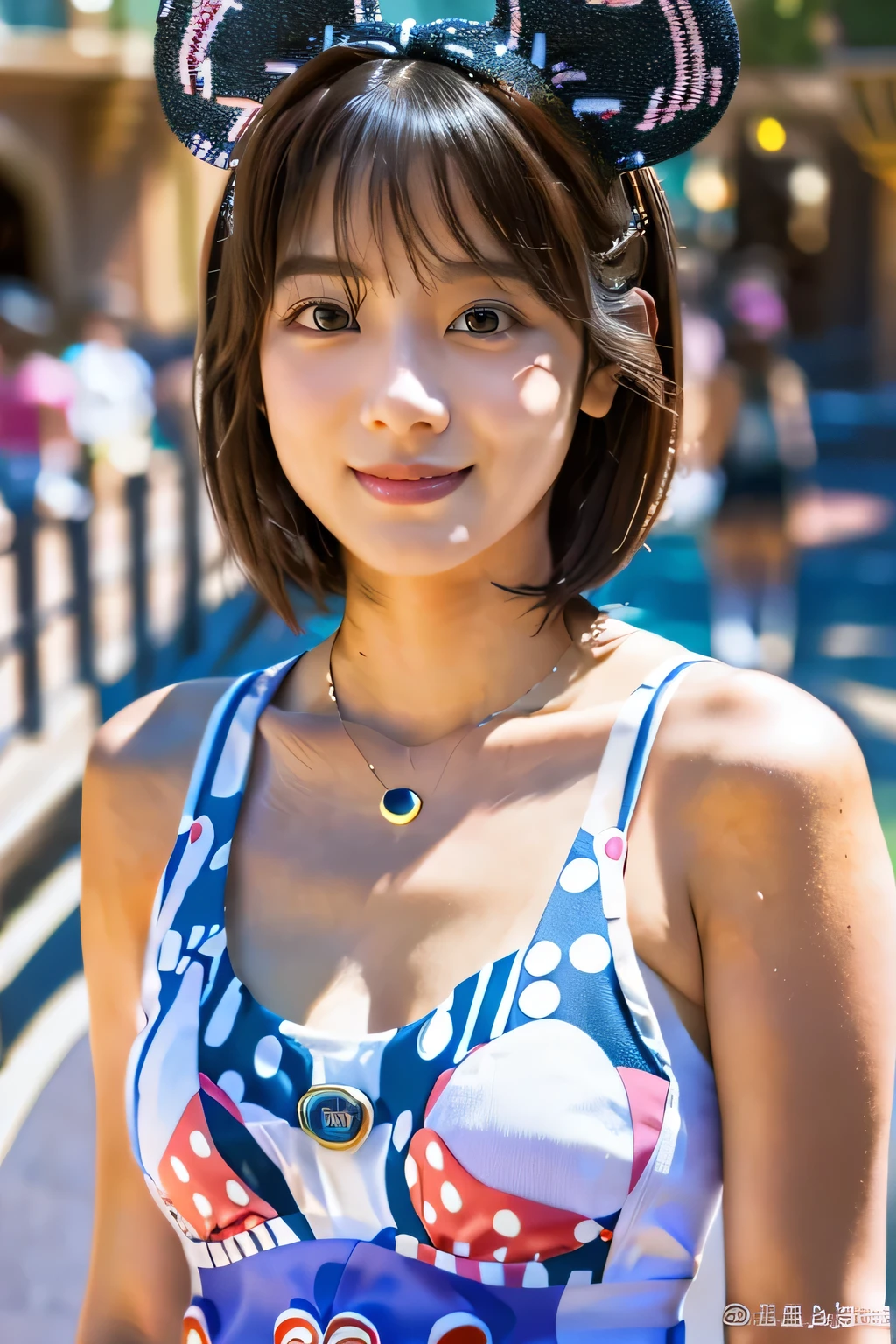 (Disneyland:1.5)、(Lolita Fashion:1.5)、(Full-body photo:1.5)、highest quality, Photorealistic, Very detailed, finely, High resolution, 8K Wallpaper, Professional, High level of detail, ((One 18 year old girl:1.2)), Slender Japanese women,Pretty lips, (Beautiful long lashes:1.2)、Detailed clavicle, Perfect Face, (Cute short bob hair:1.5),Top Quality，Ultra-clear resolution，Clear Eyes，Sunburned skin，perfect medium breasts，A pretty necklace around the neck、have perfect legs，A kind smile、