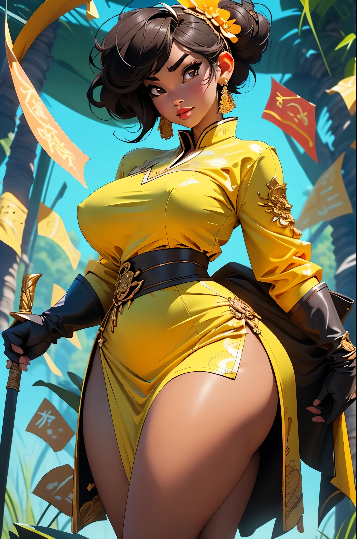4k, high quality, soft light, cel shading, thick lines, short black bob hair, dark eyes, sexy, big breasts, thick thighs, wide hips, chinese dress, leg slit, muscular, toned, long flowing chinese dress, ornate, jewelry, hair bun, hair accessory, sexy anime lady, thicc, thick lady, thick hips