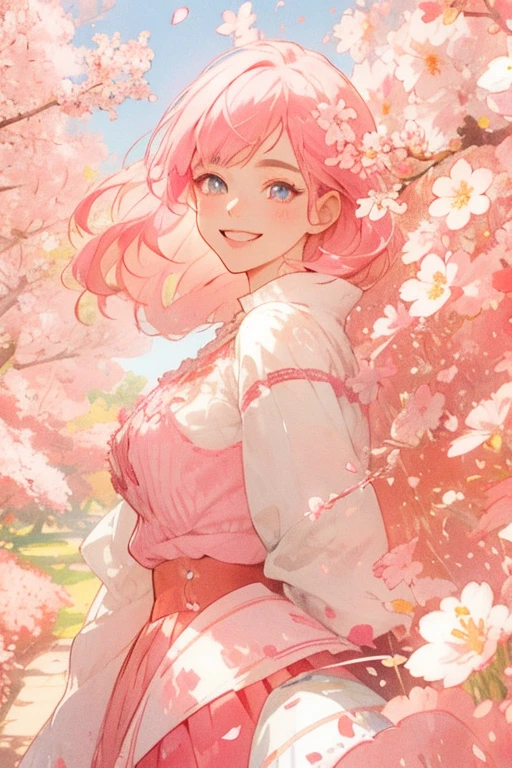 (beautiful detailed eyes: 1.2), long and expressive lashes, cherry blossom petals delicately framing, mecha blouse revealing intricate gears and circuits, mecha skirt with layered pleats and mech-inspired patterns, artistic rendering with fine brush strokes, soft pastel colors bringing a serene atmosphere, dynamic lighting casting subtle shadows, cherry blossoms in full bloom with sakura petals falling, floating cherry blossom petals gently drifting, anime-inspired character with an enchanting smile, pink and white color palette highlighting whimsical details and vibrant expressions, playful pose amidst