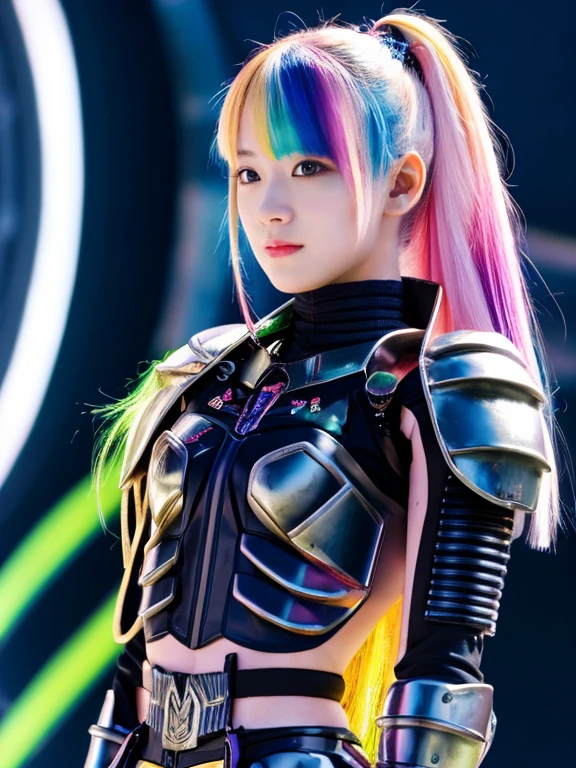 Girl with rainbow hair and detailed jet black armor, Are standing, Fantastic background, performer,  Intricate details, Perfect Face