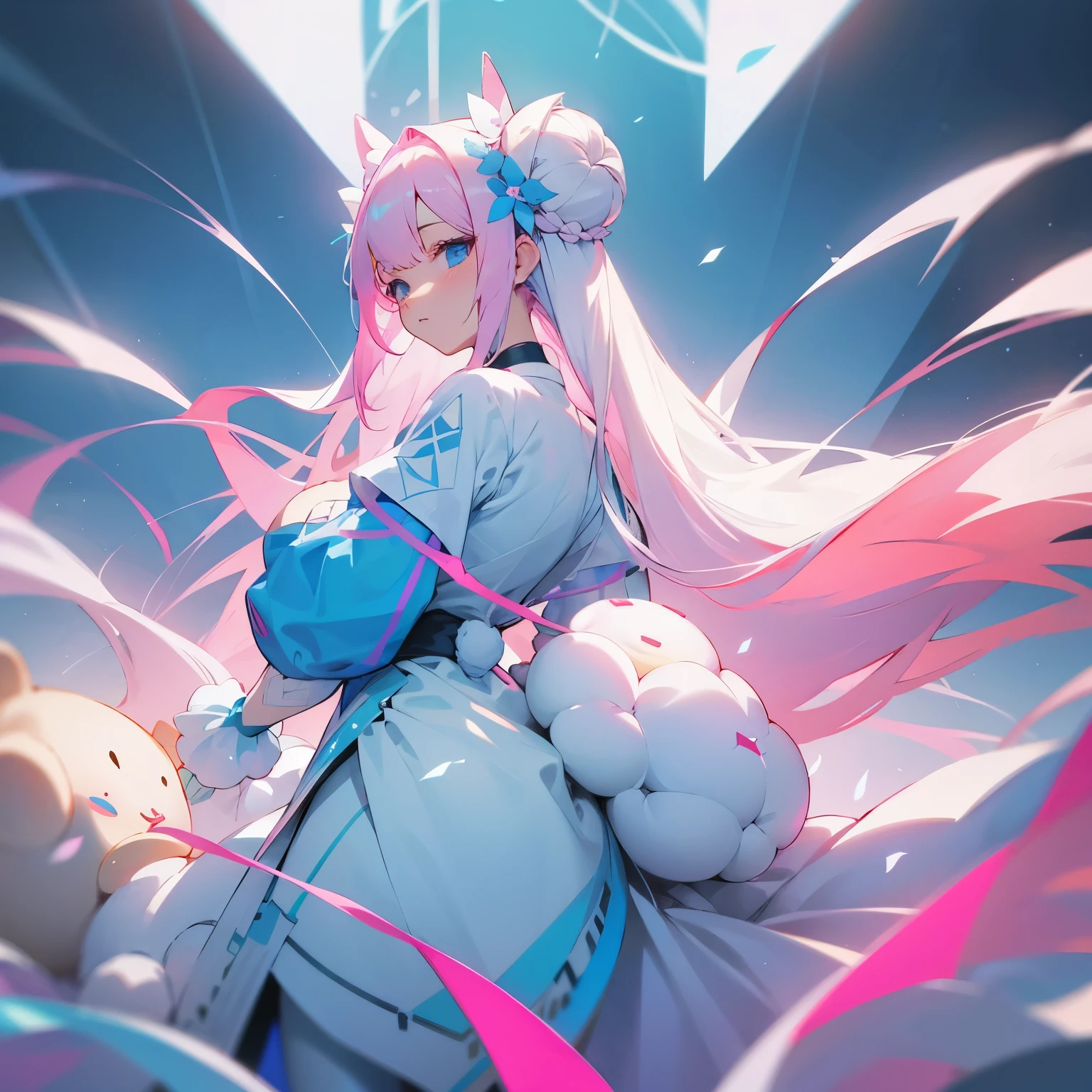 Two buns and long hair at the back　Background white　Pink Hair　Mesh and inner are light blue　White clothes with a large flower motif