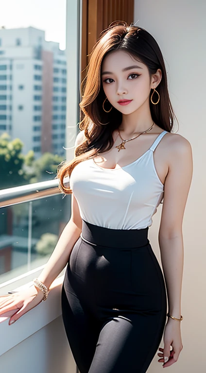 Beautiful girl: Asia, siêu dễ thương;
age: from 18-20 years old;
hair: copper orange color, smooth, lung linh dưới sunlight, detail;
skin: white ngà, rosy and flawless;
eye: jet black, almond shaped, sexy, youthful, trong trẻo, siêu detail, elegant, charming, trang điểm high solution, true, bắt eye;
mí eye: delicate, Perfect Beauty;
eyebrow: cong, dear, high solution;
Face: beautiful, pure, like a fairy, light makeup, lovely, Perfect balance, đẹp đến từng detail;
nose: xinh, lovely, cao;
cheekbone: prominent;
lip: charming, light red lipstick, son bóng lovely;
răng: Beaming smile, white tinh;
body: full of youth;
ngực: toning, tight bra;
butt: develop, tight underwear;
accessory: chain, earring, bracelet;
Trang phục: silk fabric, white, thin and smooth, thấy skin mờ ảo;
Fashion style: high-class, Modern 2024, luxurious;
Image quality: non-NSFW, 8K CG HD, high solution, Super nice graphics, professional, detail, colourful, ultrafine, advanced techniques, RAW true;
light: complex color combinations, black gold rays;
sunlight: twinkle, illuminate the girl's body;
Wallpaper: random, beautiful.
Girl standing on hotel balcony, sunny blue sky.