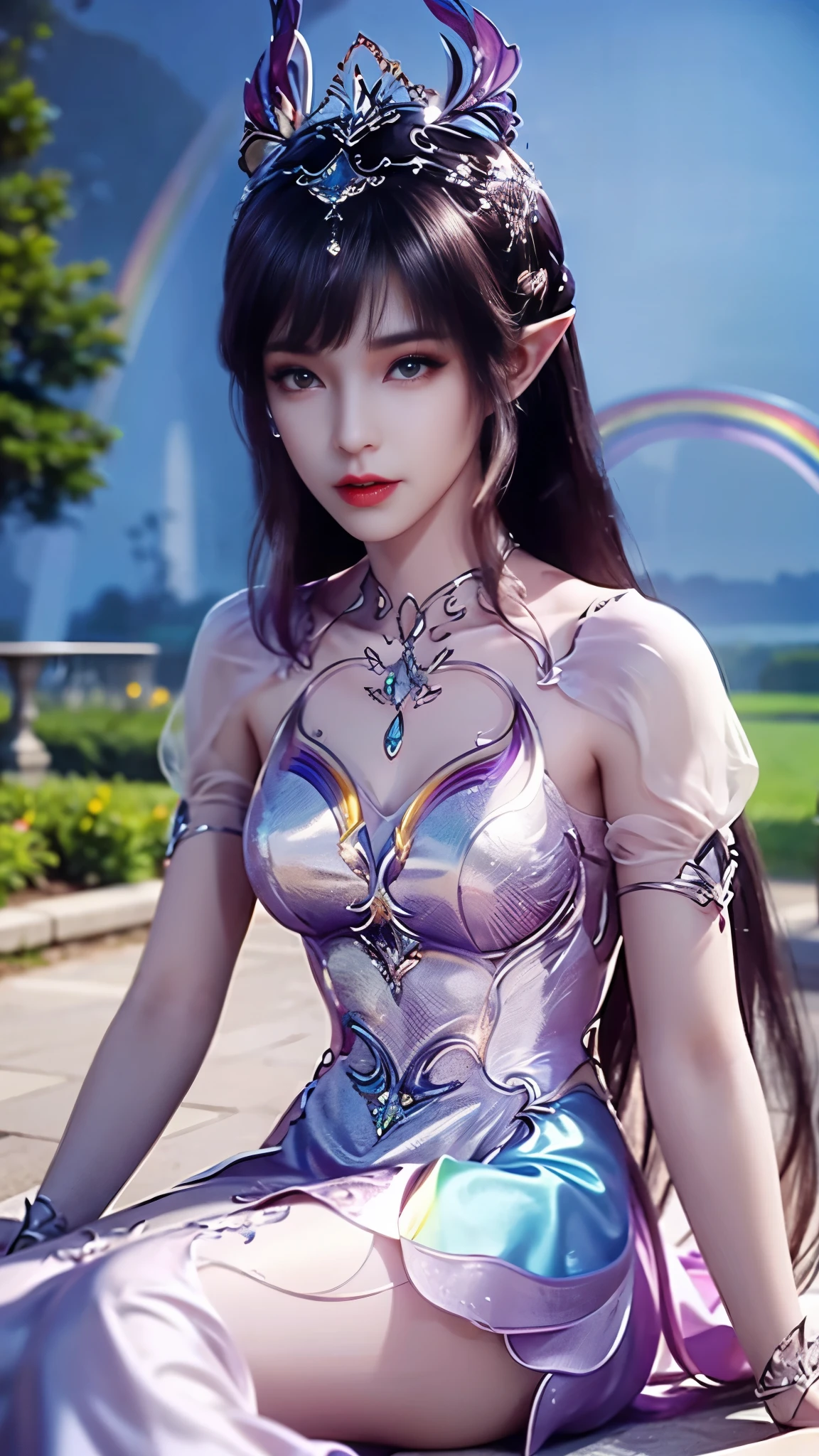 8k, masterpiece, a close up of a woman in a rainbow dress, perfect front body, bare thigh, ((very long hair)), a beautiful fantasy empress, ((rainbow fantasy dress:1.5)), beautiful fantasy maiden, fantasy art style, trending on cgstation, beautiful and elegant elf queen, beautiful maiden, shining skin, intricate ornate anime cgi style, ((a beautiful rainbow empress)), beautiful alluring Realistic woman, shining skin, in the park, sun shining, Realistic shadow, front capture, sitting,