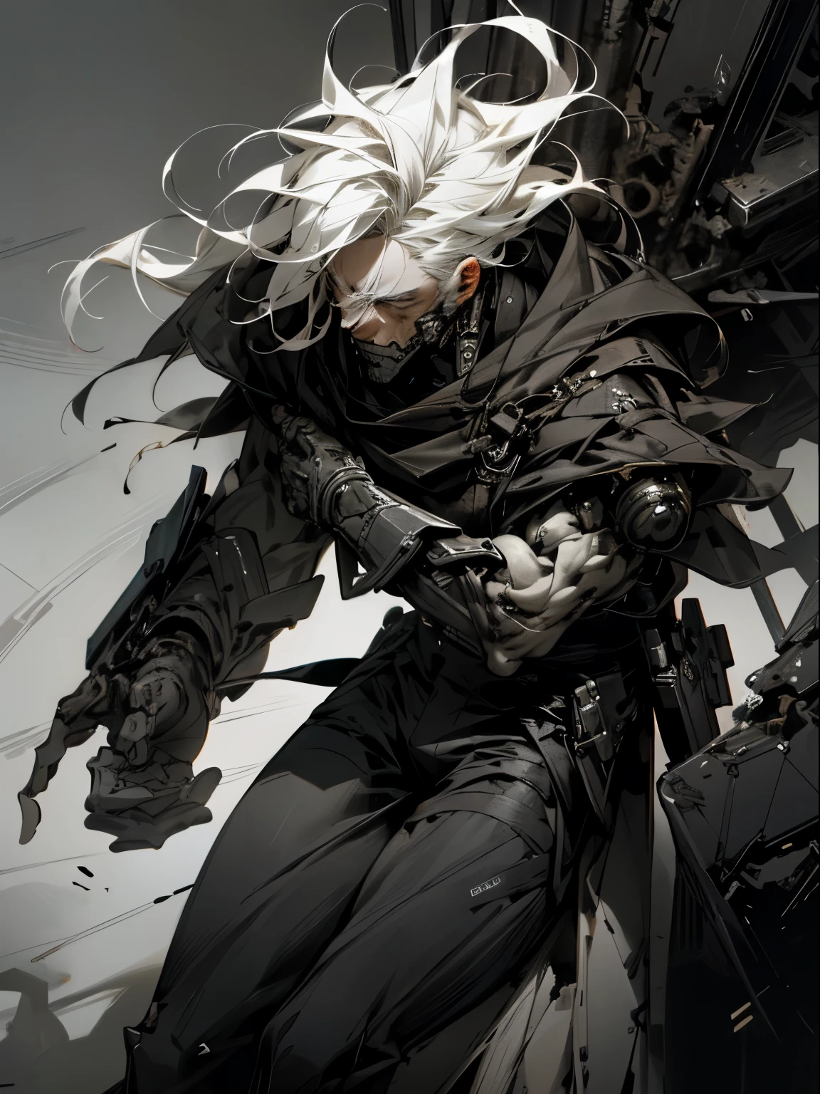 (a male),(male android),(male with white hair),intricate male features,violent and destructive,high-quality,ultra-detailed,dark and intense,masterpiece:1.2,sci-fi,white and black color palette,strong shadows,harsh lighting
