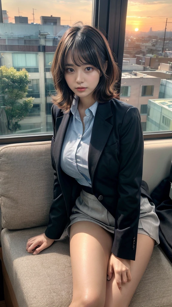 muste piece, best quality, illustration, Super detailed, fine details, High resolution, 8K,wall paper, perfect dynamic composition,(Details High quality, realistic depiction of eyes:1.3), short hair, (wavy hair:1.2), Office Lady, ,Suit,Collared shirt, Black Suit,Black jacket, huge breasts, black hair color, Big Natural Color Lip, bold sexy pose, crying a little、cold gaze, Harajuku style、20 year old girl、cute type、lolita、beautiful legs, hotel room, full body photo、focus on crotch, hposing Gravure Idol, Sexy shot looking at camera, Sunset, by the window, Summer, make up, Curve, turn your body forward