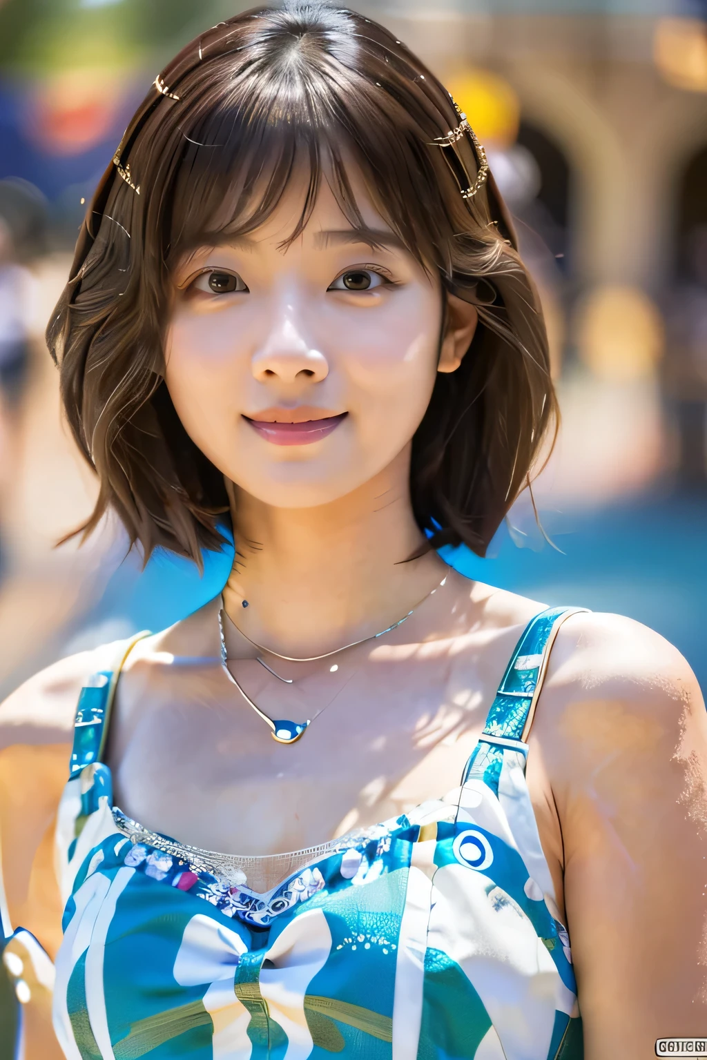 (Disneyland:1.5)、(classical dress:1.5)、(Full-body photo:1.5)、highest quality, Photorealistic, Very detailed, finely, High resolution, 8K Wallpaper, Professional, High level of detail, ((One 18 year old girl:1.2)), Slender Japanese women,Pretty lips, (Beautiful long lashes:1.2)、Detailed clavicle, Perfect Face, (Cute short bob hair:1.5),Top Quality,Ultra-clear resolution,Clear Eyes,Sunburned skin,perfect medium breasts,A pretty necklace around the neck、have perfect legs,A kind smile、