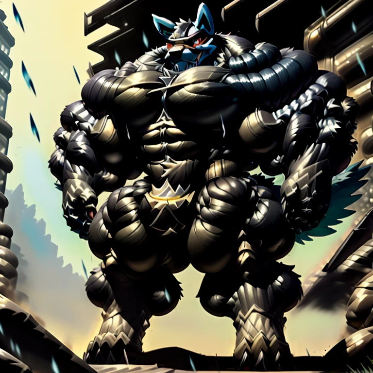 LUCARIO, (gigantic muscles), 8K, Masterpiece, highres, future fiction. Detailed head, Detailed Body, full body, Detailed abs, wearing crNanosuit, big muscle (pecs, triceps, traps) unusually developed muscular body, body full of huge muscles. showing off muscles, pectorales enormes. Exaggeratedly huge muscles. Gigachad Muscular, gigantic muscles, Colossal giant NANOSUIT over a battlefield, 
The claws are sharp,
Sharp teeth,
Spread wings, have big wings.
nj5furry, Animal paws, thunderstorm, rainy weather, lightning,