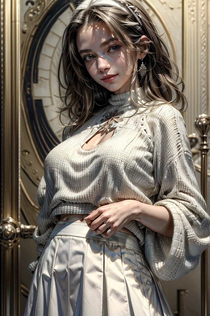 (masterpiece, best quality, ultra-detailed:1.2), 1girl, white turle neck,white skirt,hand behind body,slight smile,medium chest