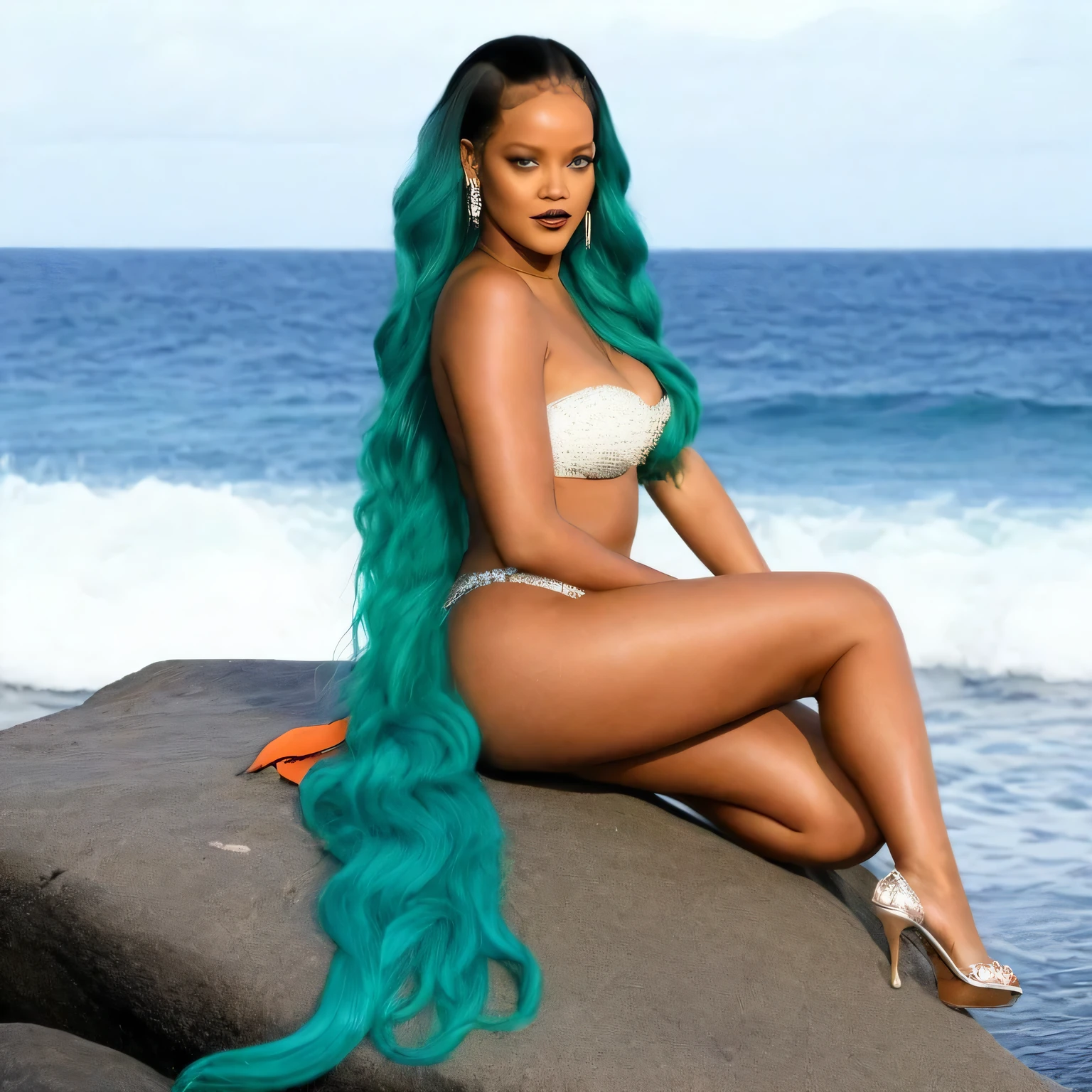 Rihanna as a Siren:
 * Rihanna with long, flowing, teal hair that cascades down her back like waves.
 * Her eyes shimmer with an otherworldly glow, beckoning sailors closer.
 * Adorn her with seashells and pearls that accentuate her figure.
 * Give her a long, powerful tail that transitions from her legs and ends in a sleek fin.
 * Maintain Rihanna's signature bold look and captivating presence.
 * Depict her perched on a rock, surrounded by crashing waves.
