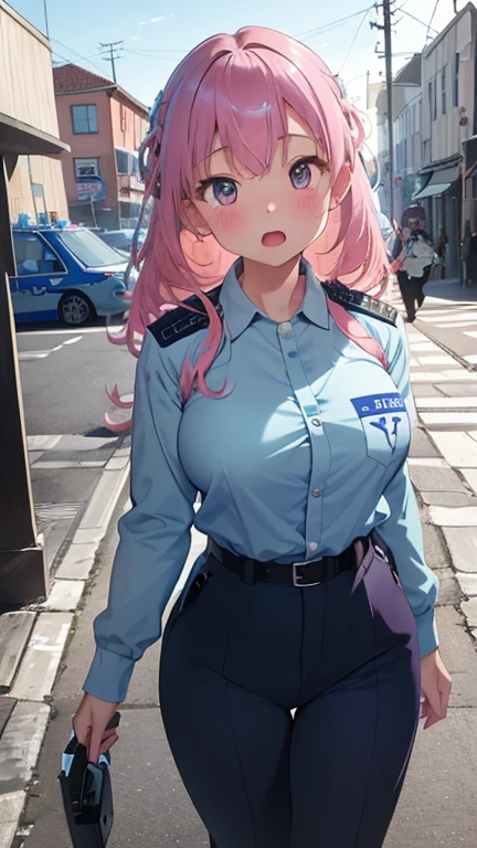 masterpiece、highest quality、Very detailed、Photograph the upper body、1 female、(Put your arms behind your back:1.2)、Are standing、Turn your body forward、View your viewers、(light blue police woman costume:1.4)、break,blush、shy、Pink Hair、Open your mouth、Inside a police car、Big Breasts、