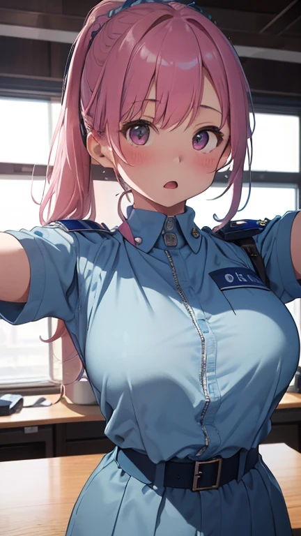masterpiece、highest quality、Very detailed、Photograph the upper body、1 female、(Put your arms behind your back:1.2)、Are standing、Turn your body forward、View your viewers、(light blue police woman costume:1.4)、break,blush、shy、Pink Hair、Open your mouth、Police Station、Big Breasts、
