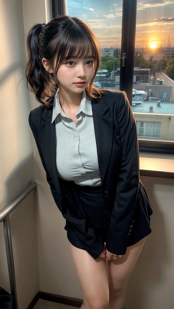 muste piece, best quality, illustration, Super detailed, fine details, High resolution, 8K,wall paper, perfect dynamic composition,(Details High quality, realistic depiction of eyes:1.3), short hair, (wavy hair:1.2), Office Lady, ,Suit,Collared shirt, Black Suit,Black jacket, pony tail hair, huge breasts, black hair color, Big Natural Color Lip, bold sexy pose, crying a little、cold gaze, Harajuku style、20 year old girl、cute type、ta、beautiful legs, hotel room, full body photo、focus on crotch, hposing Gravure Idol, Sexy shot looking at camera, Sunset, by the window, Summer, make up, Curve, turn your body forward