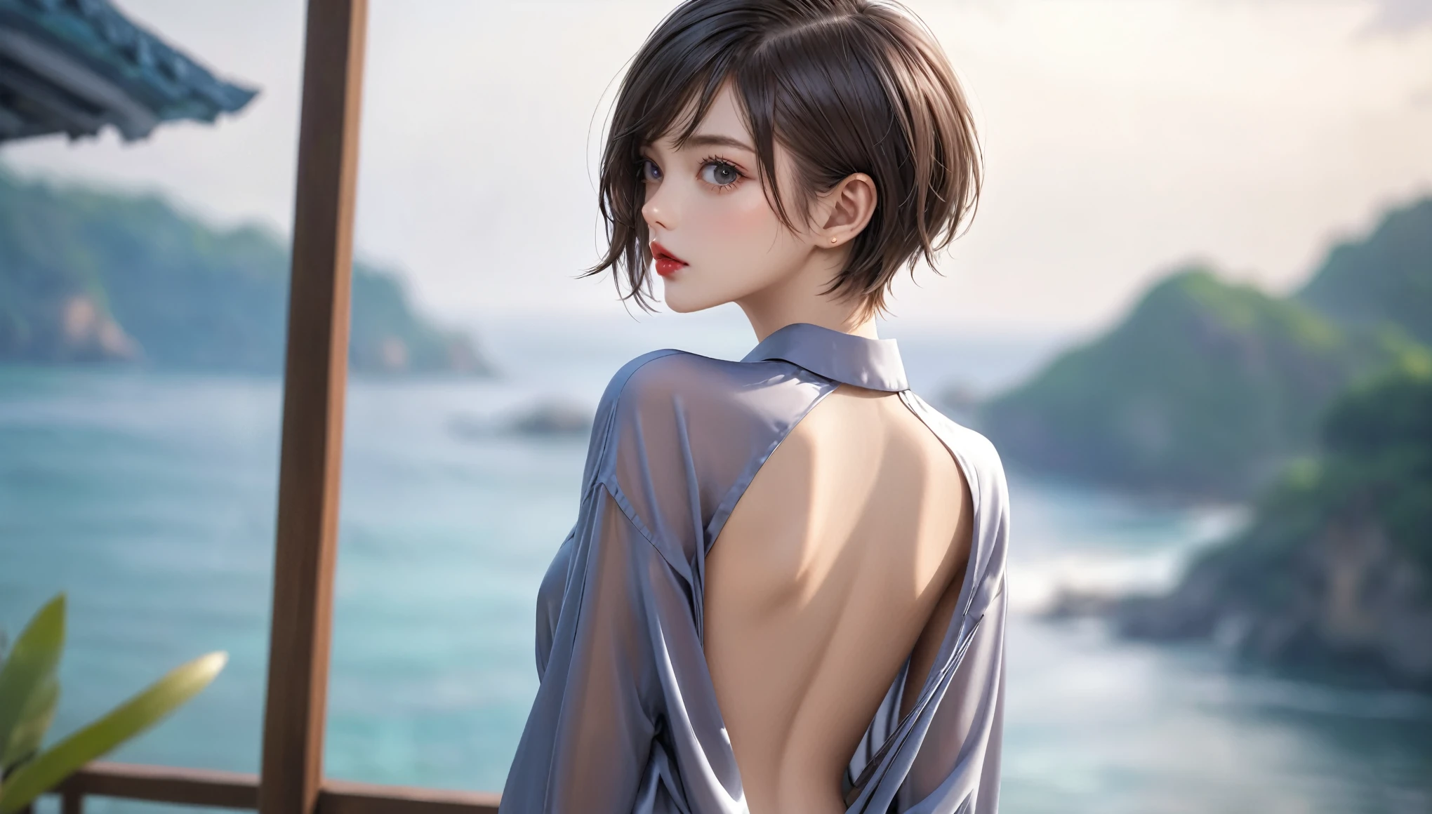 Top Quality, Masterpiece, High Resolution, 8k, (((skinny girl in oversized silky shirt with bare back and hot pants, small perky breasts, beautiful detailed eyes, beautiful detailed lips, small closed mouth, extremely detailed face, pixie side shaved hair cut, small hips, behind back)))