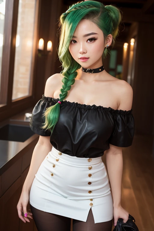 (pornography), (8k,masterpiece, top quality, best quality,beautiful and aesthetic:1.2,professional illustrasion:1.1,ultra detail:1.3,perfect lighting), extremely detailed, highest detailed, incredibly absurdres, highres, ultra detailed, intricate:1.6, (girl), beautiful, kawaii, beautiful eyes, beautiful hair, aquamarine eyes, cute rip, medium breasts, oily skin, ((brond_green hair)), ((blunt bang:1.2)), (braid ponytail:1.4), ringlets, off shoulder, black pantyhose, Black Choker, leather boots, very short length white shirts with open chest, very short pleated miniskirt, nsfw
