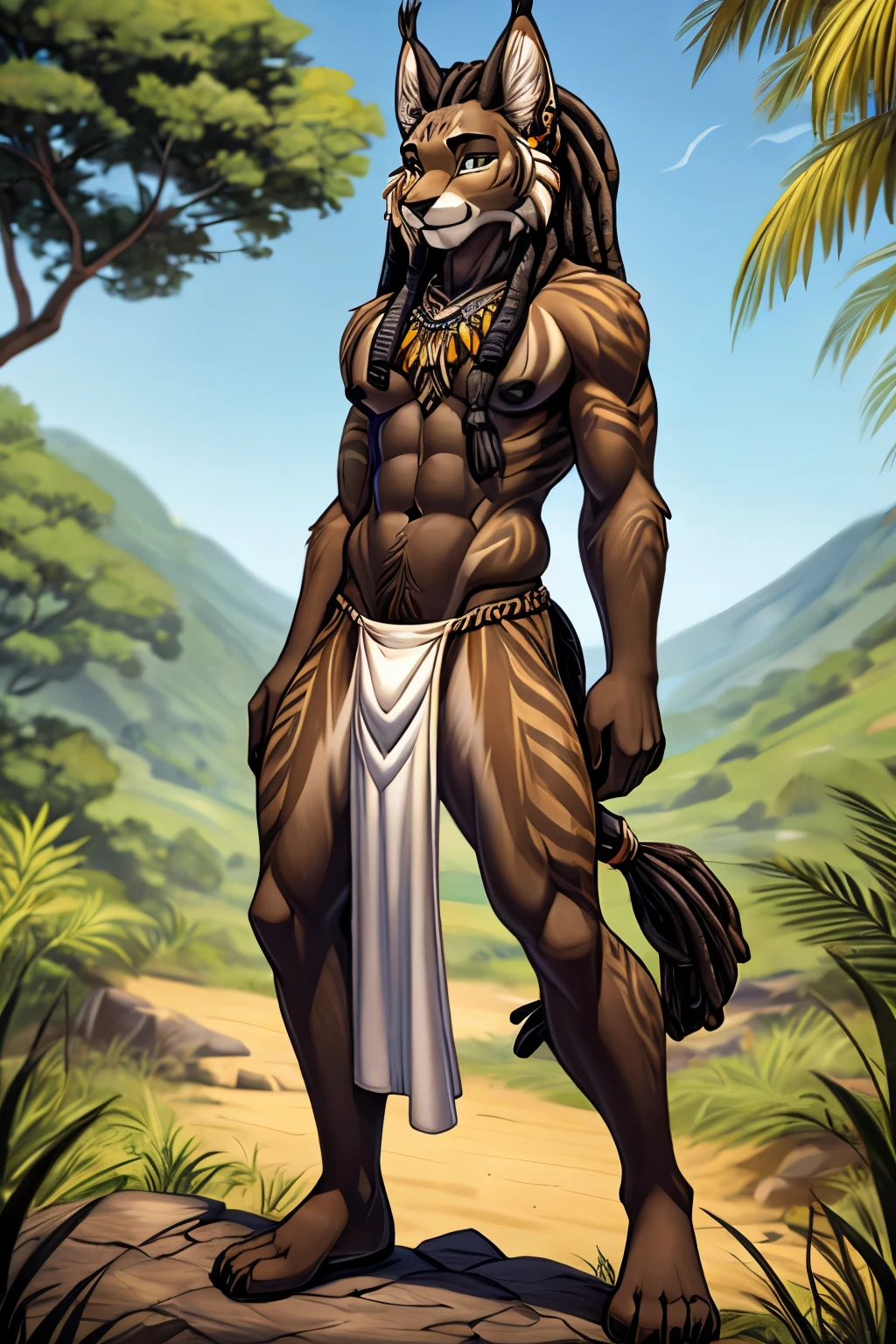 Fit lean lynx, femboy, male, with flat chest, big black nipples, toned, nature background, plantigrade, long wild dreadlocks, white loincloth, african, dark skin, markings