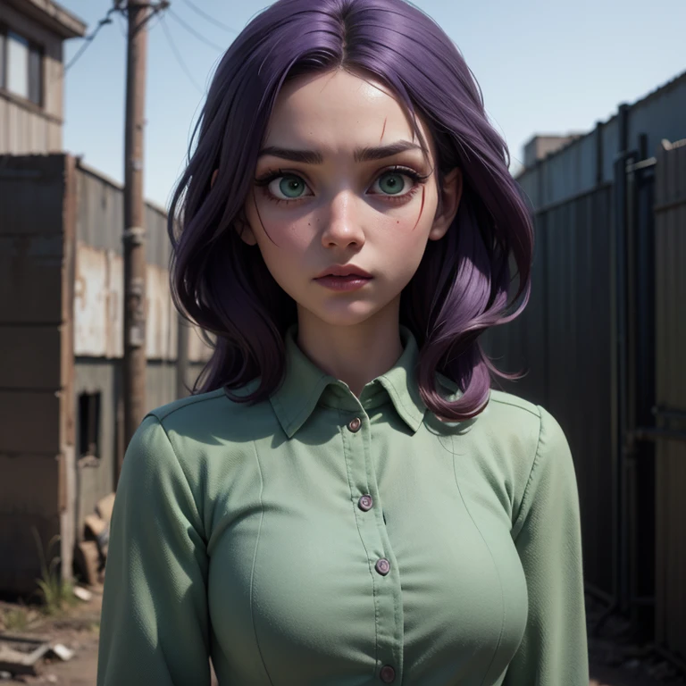 Girl wears open combenison, Chernobyl exclusion zone, S.T.A.L.K.E.R, purple hair, green eyes, scar above her left eyebrow, unarmed, scared.