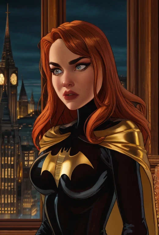 cinematic film still , night time, long wet wavy ginger hair, ((nubile toned superhero on a gothic cathedral roof top)), , skintight( black orange and gold:1.3) intricately detailed skin tight superhero bodysuit, cape, shoulder pads, ((Gotham city background)), (crystalblueeyeswith eyelashes), . shallow depth of field, vignette, highly detailed, high budget, bokeh, cinemascope, moody, epic, gorgeous, film grain, grainy