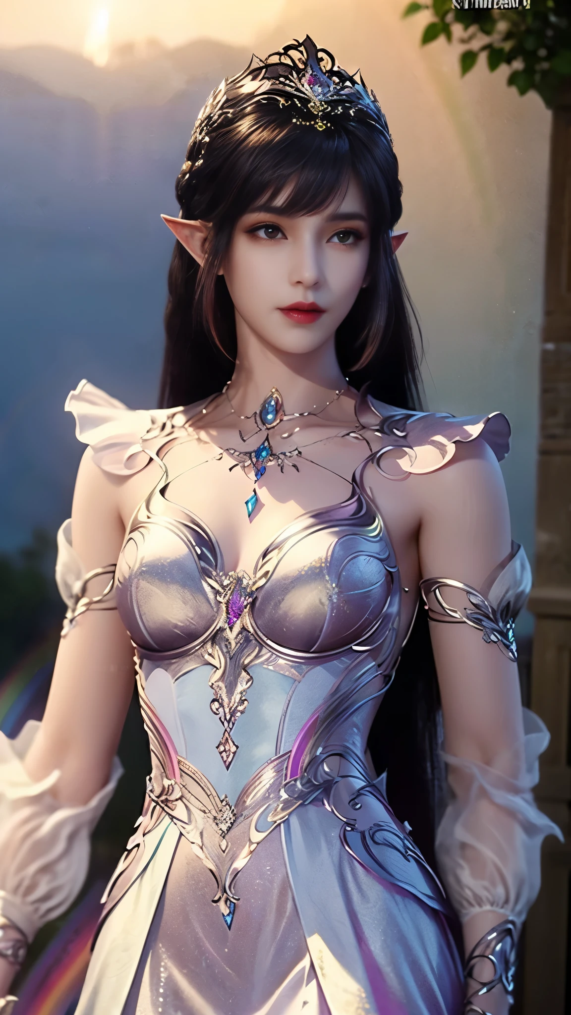 8k, masterpiece, a close up of a woman in a rainbow dress, perfect front body, bare thigh, ((very long hair)), a beautiful fantasy empress, ((rainbow fantasy dress:1.5)), beautiful fantasy maiden, fantasy art style, trending on cgstation, beautiful and elegant elf queen, beautiful maiden, shining skin, intricate ornate anime cgi style, ((a beautiful rainbow empress)), beautiful alluring Realistic woman, shining skin, in the park, sun shining, Realistic shadow, front body,