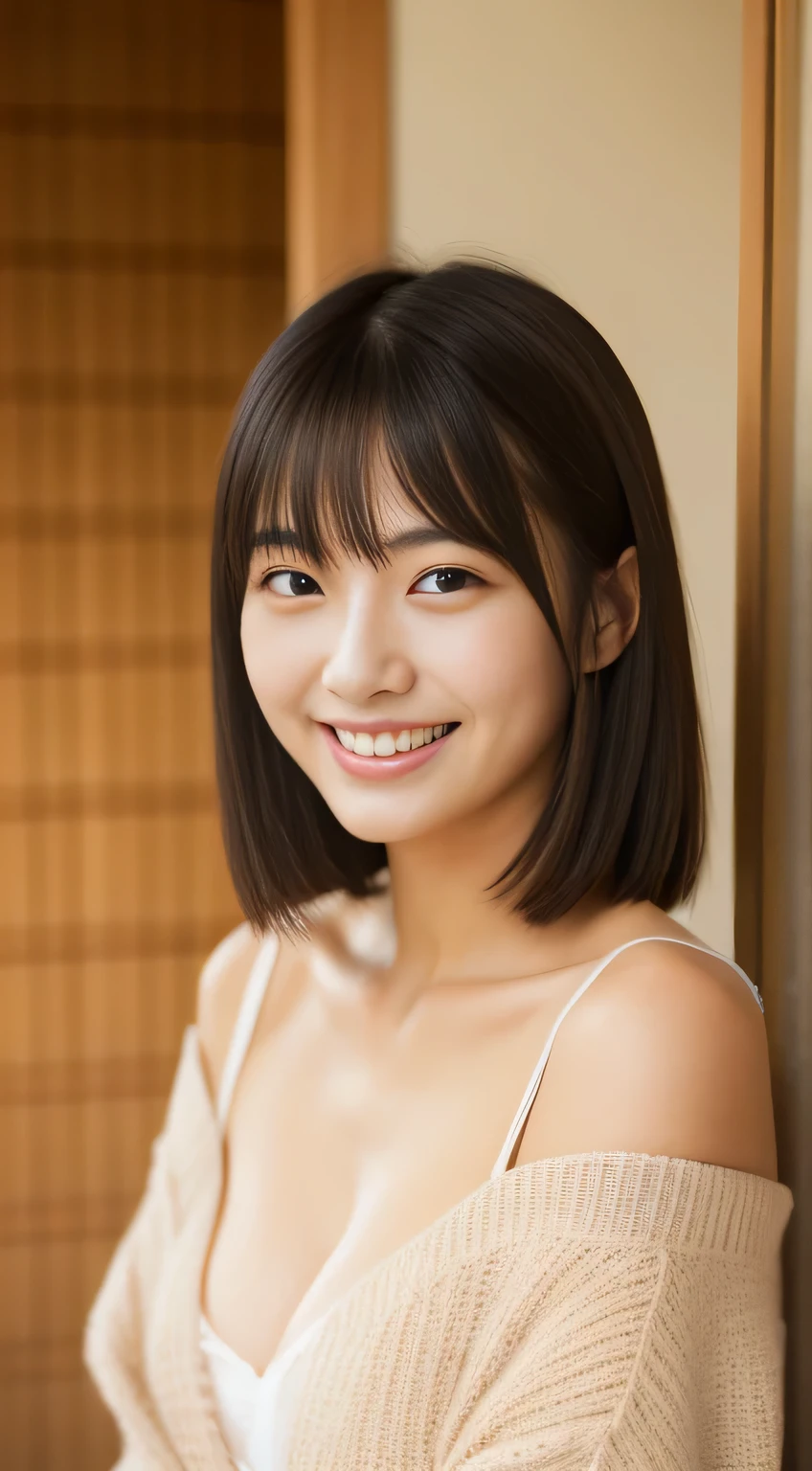 masterpiece,best quality,(Japanese ),((Beautiful girl)),cleavage,indoor,(perfect body beauty:1.2),(shy smile),beautiful teeth,