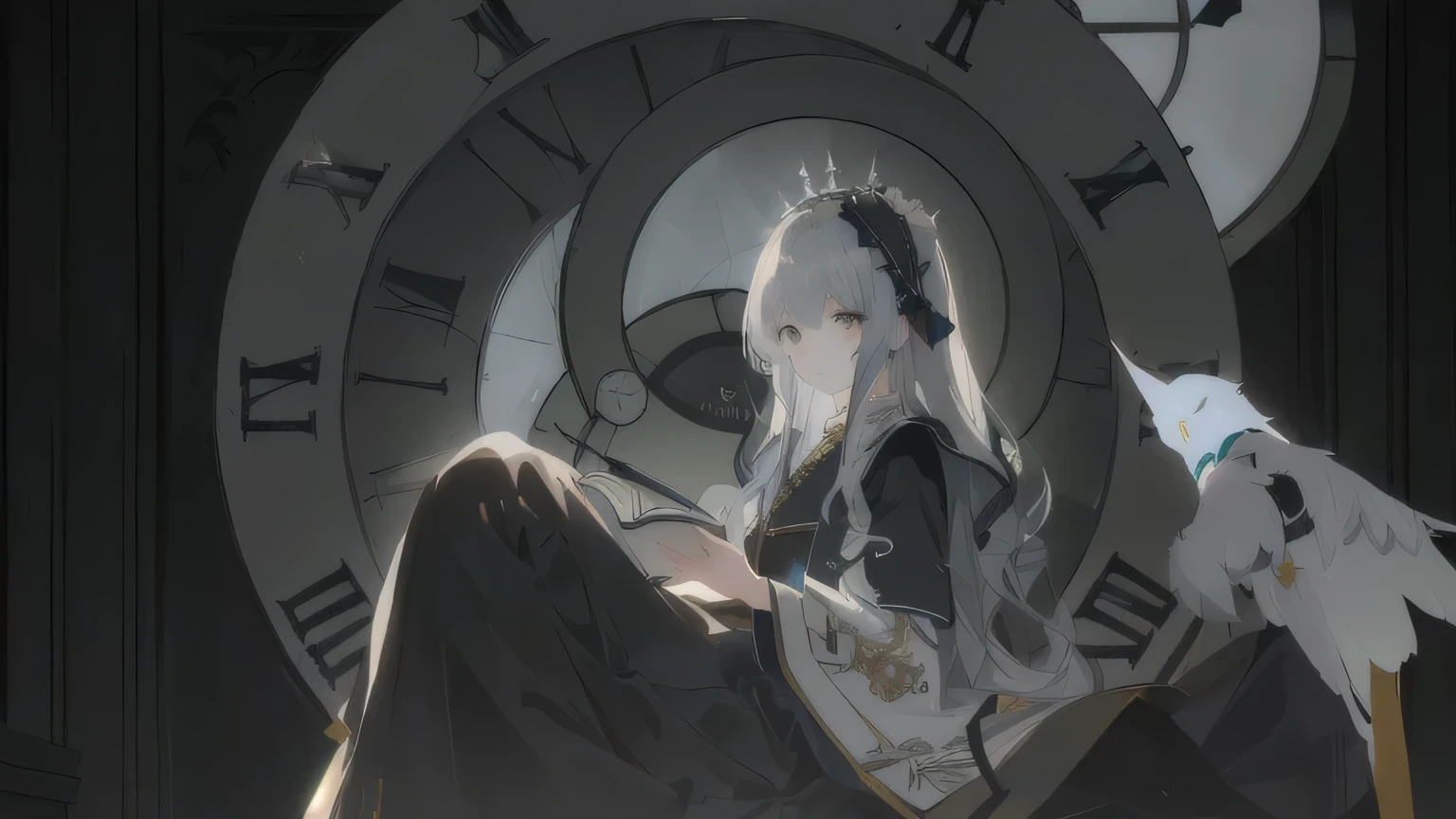 Anime girl with a clock in the background, Girl reads，in the church，Medieval Stained Glass，Candle Lantern Foreground，Strong light and shadow，A sense of redemption, By Kama Guka, By Xinyi, Animation keyframes, From Overlord Shatir, Grayscale, mostly Grayscale, Amazing, Alice in Wonderland Cyberpunk, Memories are trapped in eternity, From, Digital Anime Illustration, Digital art on pixiv