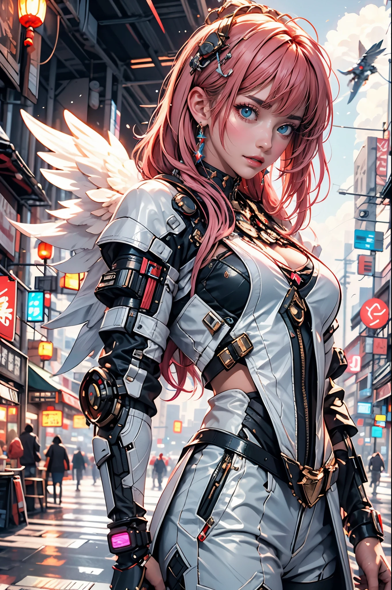 ((masterpiece, best quality, extremely detailed), centered, volumetric lighting, ambient occlusion, colorful, glowing),
1girl, solo, young girl, (pink hair), long hair, halo, aura, sacred, godness, cyber suit, (white outfit:1.3), android, bot, angel wings,
outdoors, sunset, sky, clouds, space, (cyberpunk theme:1.2), risbeauty chinese,