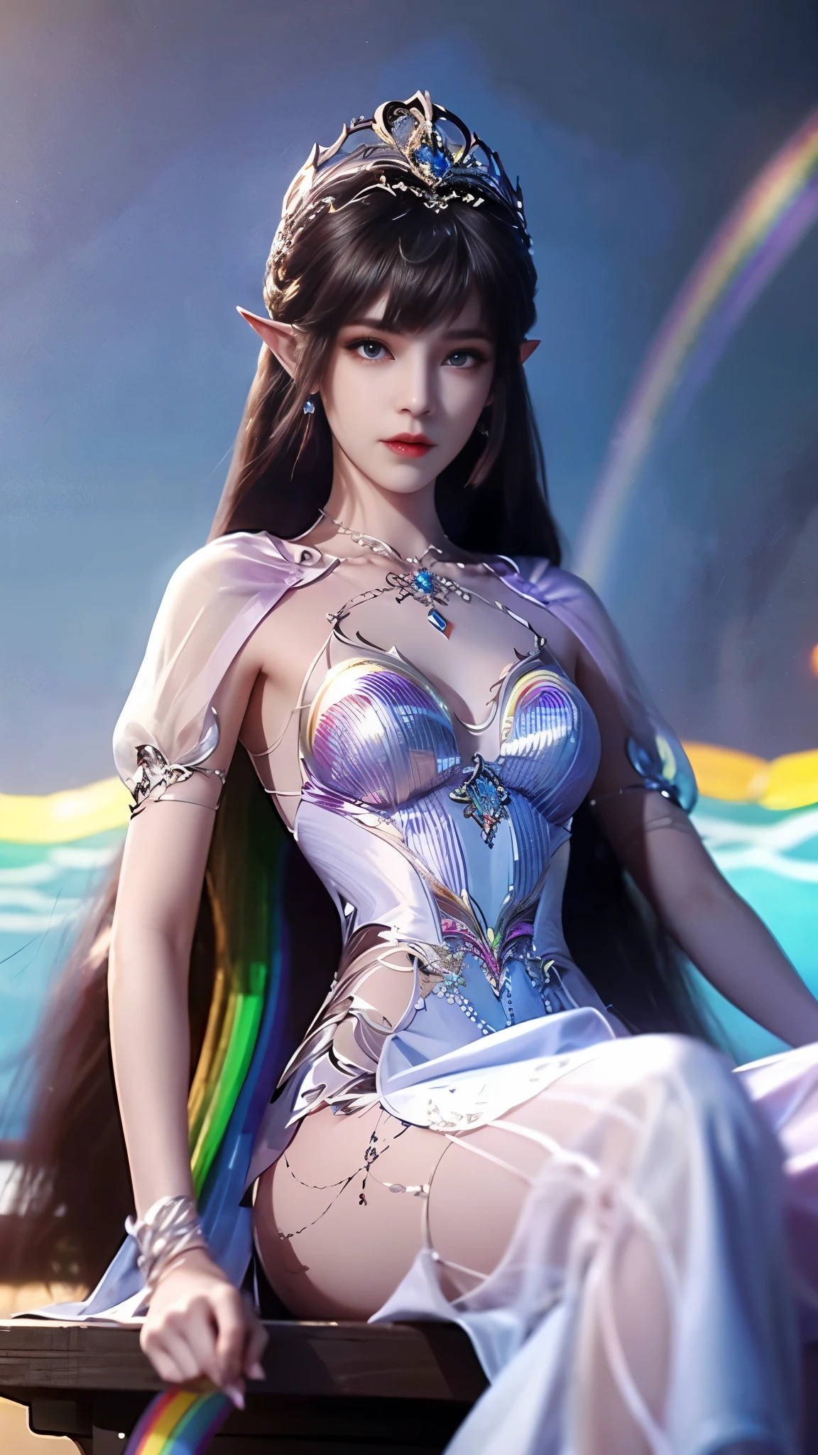 8k, masterpiece, a close up of a woman in a rainbow dress, perfect front body, bare thigh, ((very long hair)), a beautiful fantasy empress, ((rainbow fantasy dress:1.5)), beautiful fantasy maiden, fantasy art style, trending on cgstation, beautiful and elegant elf queen, beautiful maiden, shining skin, intricate ornate anime cgi style, ((a beautiful rainbow empress)), beautiful alluring Realistic woman, shining skin, in the park, sun shining, Realistic shadow, front capture, sitting,