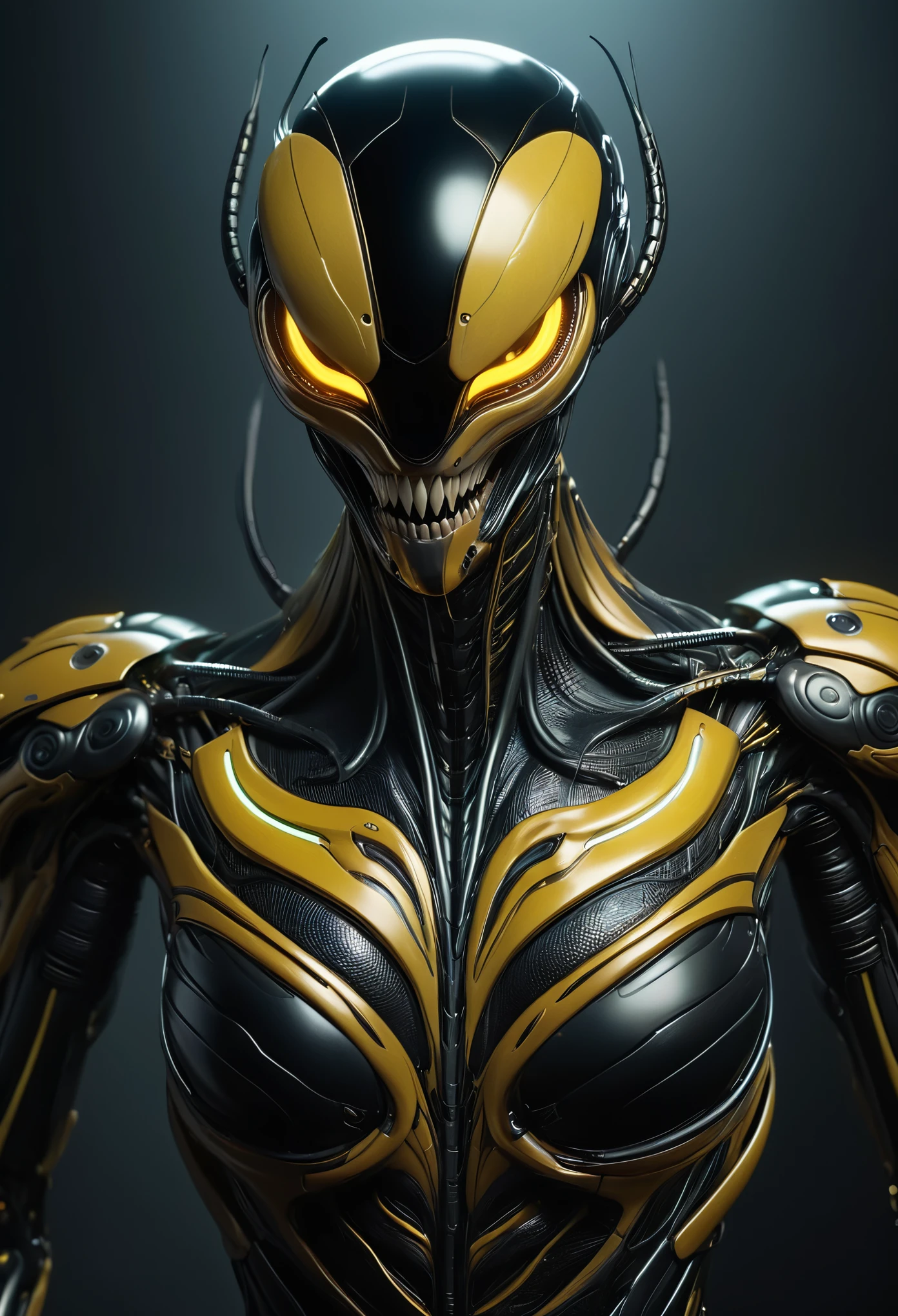 (Best Quality, 4K, 8K, High Definition, Masterpiece:1.2), (Ultra Detailed, Realistic, Photorealistic:1.37),his female android design seamlessly incorporates the features of a hornet, leaving no detail overlooked.

The android's face is adorned with the menacing visage of a hornet, with large compound eyes reflecting a predatory intelligence. Its sharp, angular jawline resembles the formidable mandibles of the insect, exuding a sense of danger. The abdomen of the android is adorned with alternating bands of vivid yellow and deep black, mimicking the distinctive stripes of a hornet.

At the android's rear, a slender yet lethal stinger protrudes menacingly, poised to deliver a potent venom. Its sleek metallic body is sleek and agile, mirroring the swift movements of its insectoid inspiration. Despite its artificial nature, the android radiates an aura of primal menace, a technological marvel seamlessly blending the beauty of design with the inherent danger of nature's most fearsome predators. (NDFW:1.3)