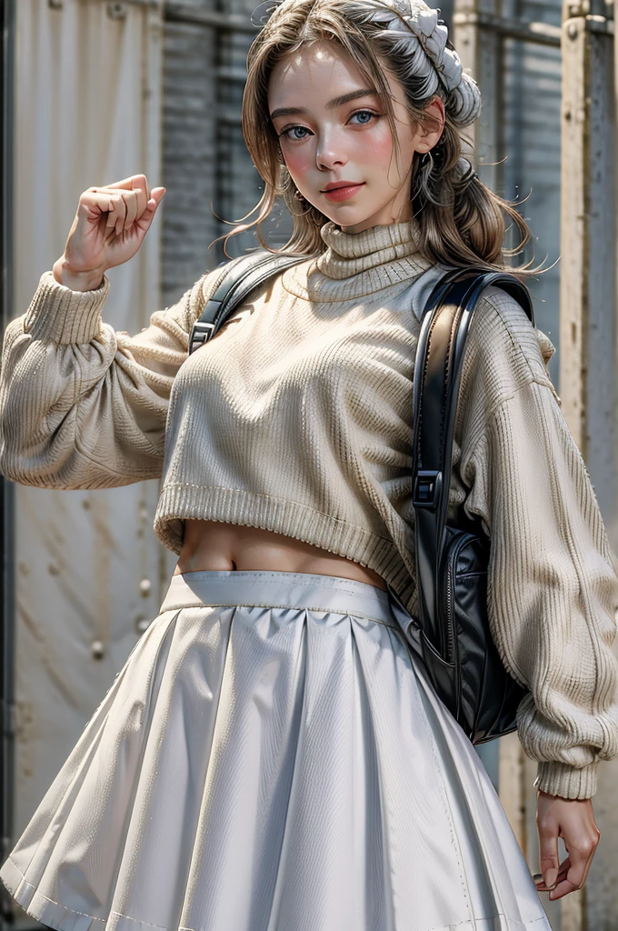 (masterpiece, best quality, ultra-detailed:1.2), 1girl, white turle neck,white skirt,hand behind body,slight smile,backpack