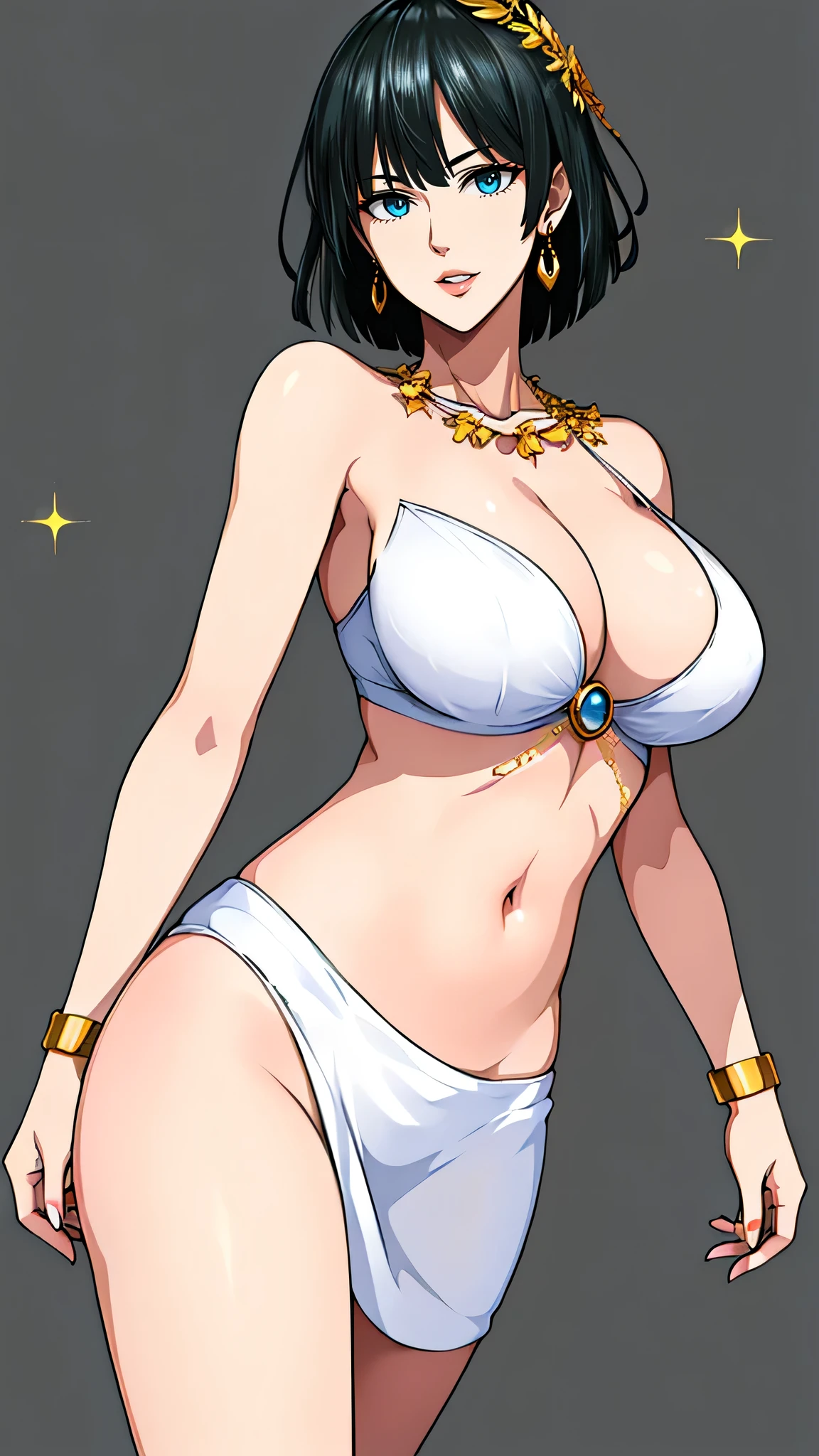 Simple white background,glitter,
barefoot,white dress,cleavage,collarbone, Navel,bare shoulders, Gold leaf on head,
bracelet, earrings, jewelry, gem,Pearl, Green eyes gold necklace, Black hair,explosions,short hair hair,
1girll, 20yo,young woman,Beautiful Finger,Beautiful long legs,Beautiful body,
Beautiful Nose,Beautiful character design, perfect eyes, perfect face,expressive eyes,Perfect balance,
looking at the scenes,(Focus on her face.),closed mouth, (innocent_Large_Eyes:1.0),(light_smile:0.3),
formal art,Highly detailed CG module 8K rear, perfect illumination,Colored, bright_front_face_lighting,white-skinned,
(Masterpiece:1.0),(best_quality:1.0), very high resolution,4k,A highly detailed,
photography, 8k, hdr, highres, absurdres:1.2, Kodak portra 400, grain du film, blurry background, bokeh:1.2, lens flare, (vibrant_color:1.2),professional photo,
(A beautiful,Large_breasts:1.4), (A beautiful_face:1.5),(narrow_waist), setting huge breasts smile closed mouth lipstick green lips bed earrings