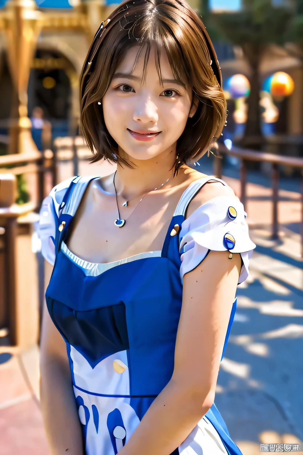 (Disneyland:1.5)、(Medieval European style dress:1.5)、(Full-body photo:1.5)、highest quality, Photorealistic, Very detailed, finely, High resolution, 8K Wallpaper, Professional, High level of detail, ((One 18 year old girl:1.2)), Slender Japanese women,Pretty lips, (Beautiful long lashes:1.2)、Detailed clavicle, Perfect Face, (Cute short bob hair:1.5),Top Quality,Ultra-clear resolution,Clear Eyes,Sunburned skin,perfect medium breasts,A pretty necklace around the neck、have perfect legs,A kind smile、