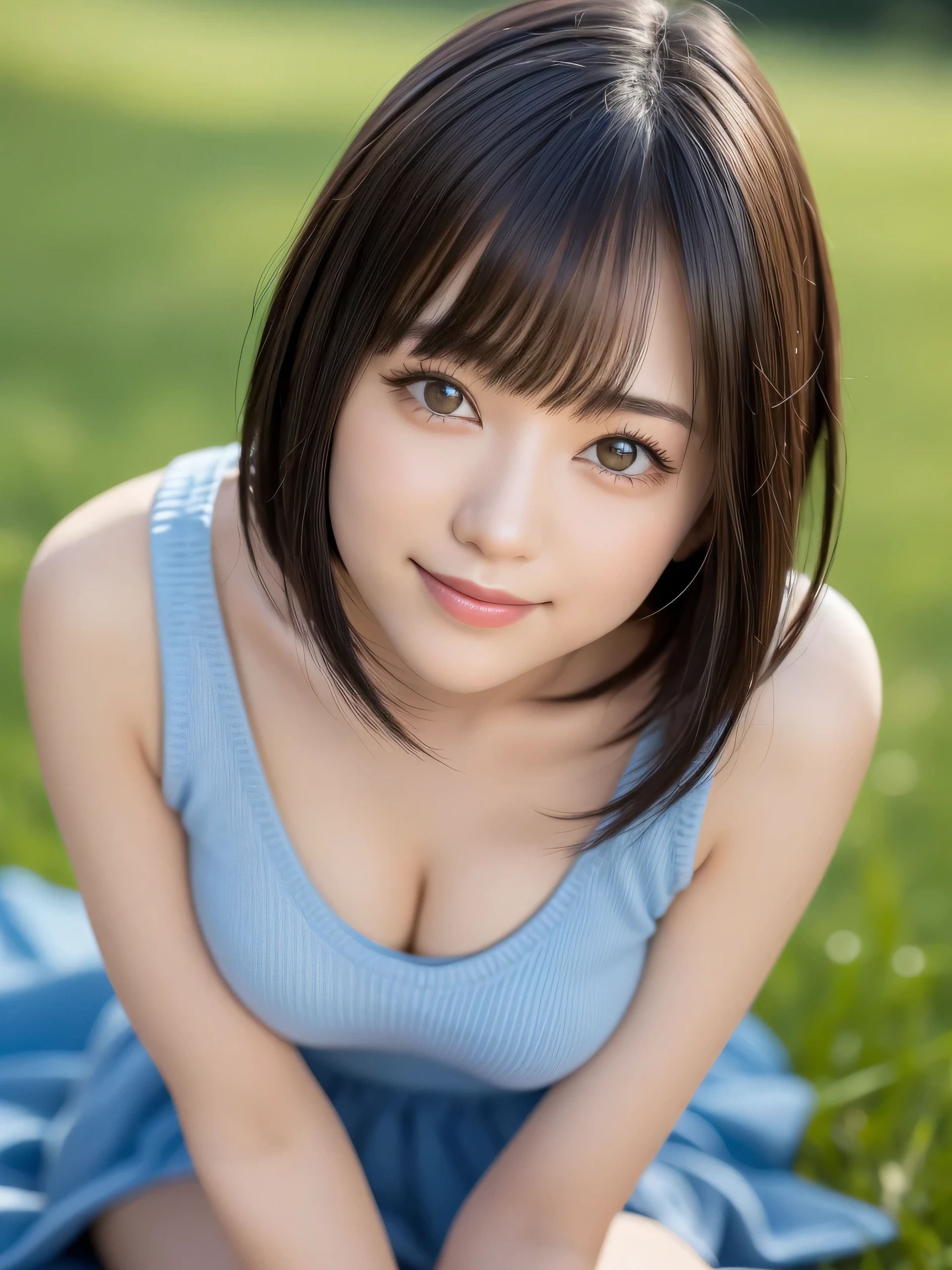(highest quality:1.5)、(Realistic:1.5)、(1 person:1.5)、(Upper Body:1.5)、Very detailed、High resolution、8k wallpaper、、Small breasts、Natural color lips、Cute Smile、Japanese women、20-year-old girl、Beautiful and elegant face、Perfect and beautiful face、Big eyes、Brunette eyes、Beautiful and elegant face、Natural double eyelids、Natural Bangs、Beautiful thin nose、Beautiful Skin、Chestnut Hair、Medium Bob Hair、Short Hair、Natural Bangs、Perfect and beautiful face、Slim face and figure、(Looking at the camera with a cute expression)、Bright lighting、Professional Lighting、Forward lighting、Cute Smile、Summer blue sky、Grass park on the mountain、Look at the viewers、Low-angle composition、(Staring at the camera with a cute expression)、(Lighting the face)、Bright lighting、Professional Lighting、Forward lighting、Cute Smile、Beautiful clavicle、Beautiful feet:1.2、Smooth Skin、Beautiful cleavage、Floral Dresini skirt、Put on stockings、Sit on the grass、wariza、Put your hands on your thighs、Beautiful thighs、Sit down、Leaning forward、Shots from low angles、Girl sitting、seiza、