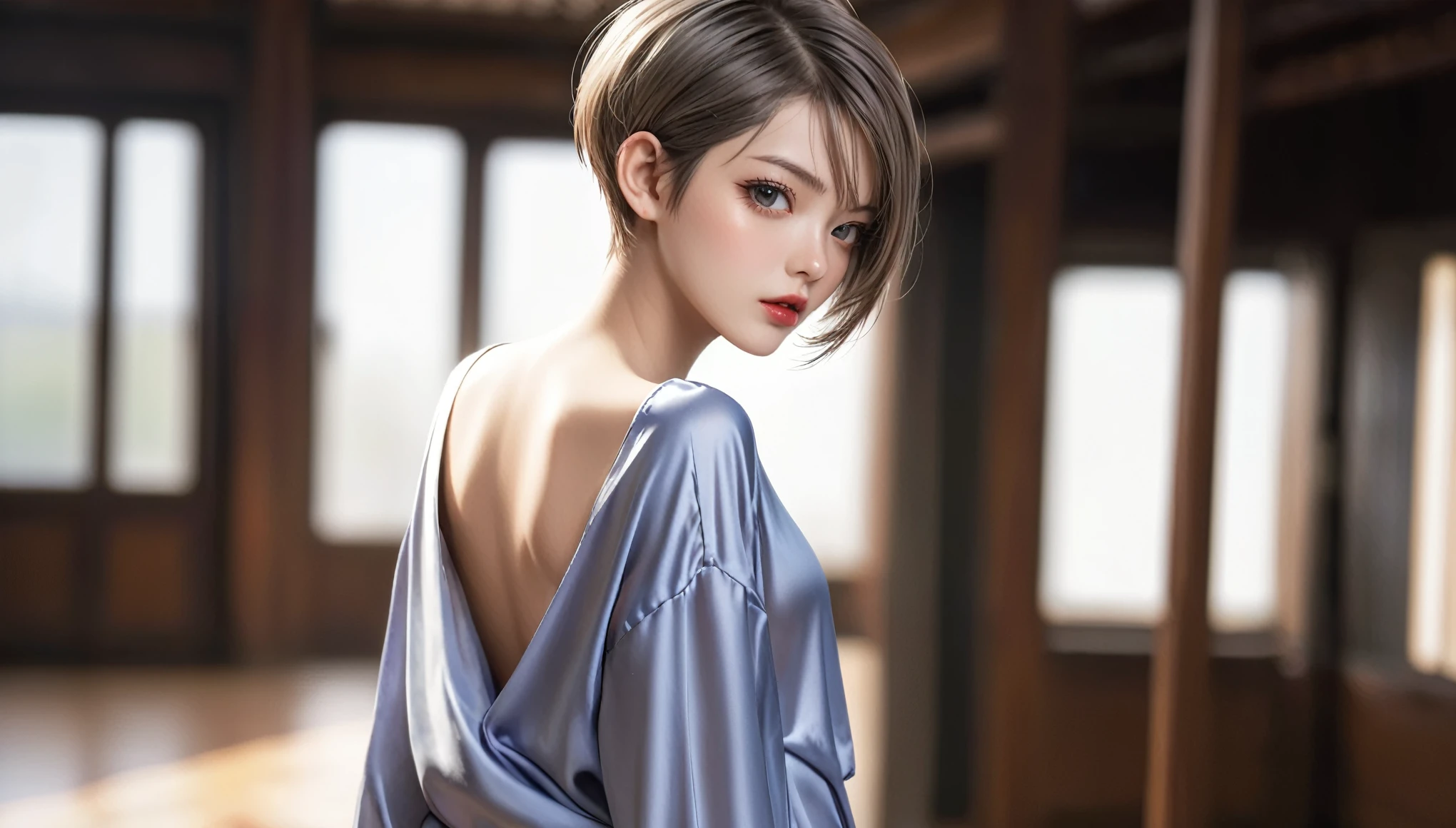 Top Quality, Masterpiece, High Resolution, 8k, (((skinny girl in oversized silky shirt with bare back and hot pants, small perky breasts, beautiful detailed eyes, beautiful detailed lips, extremely detailed face, pixie side shaved hair cut, small hips, behind back)))