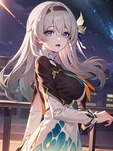 (masterpiece:1.3),((High resolution)),((high quality)),((Super detailed))、One girl、Perfect balance、((upper body:1.5))、(Perfect Face)、(Detailed face:1.5)、(Perfect in hand)、Cute face、(beautiful詳細な目)、(Expressive eyes)、Cute eyes、Shiny eyes、(Perfect body)、(beautiful体)、honkaiFirefly, fire Fly, (Purple eyes:1.3), Grey Hair, 蝶のhair ornaments, hair ornaments, Hair intake, Long Hair, (Bright Eyes:1.5), shoes下, 青色のdress, 青色のshoes下,((Large Breasts)) ((Orange ribbon:1.5))、dress, shoes, shoes下, ツートーンdress, ツートーンshoes下, ホワイトdress, Long sleeve, hair band, (head shot)、Embarrassing、blush、beautiful女の子、Cute face、beautiful顔、Cute face、beautiful、Best Quality、Good anatomy、((smile:1.5))、((Super detailedな背景)), Outdoor, Day, blue sky, ((Meteor shower sky:1.1))、Sky Light , Mistress Pose, ((8K Wallpaper)) , Looking straight ahead, Moody lighting,一面のblue sky