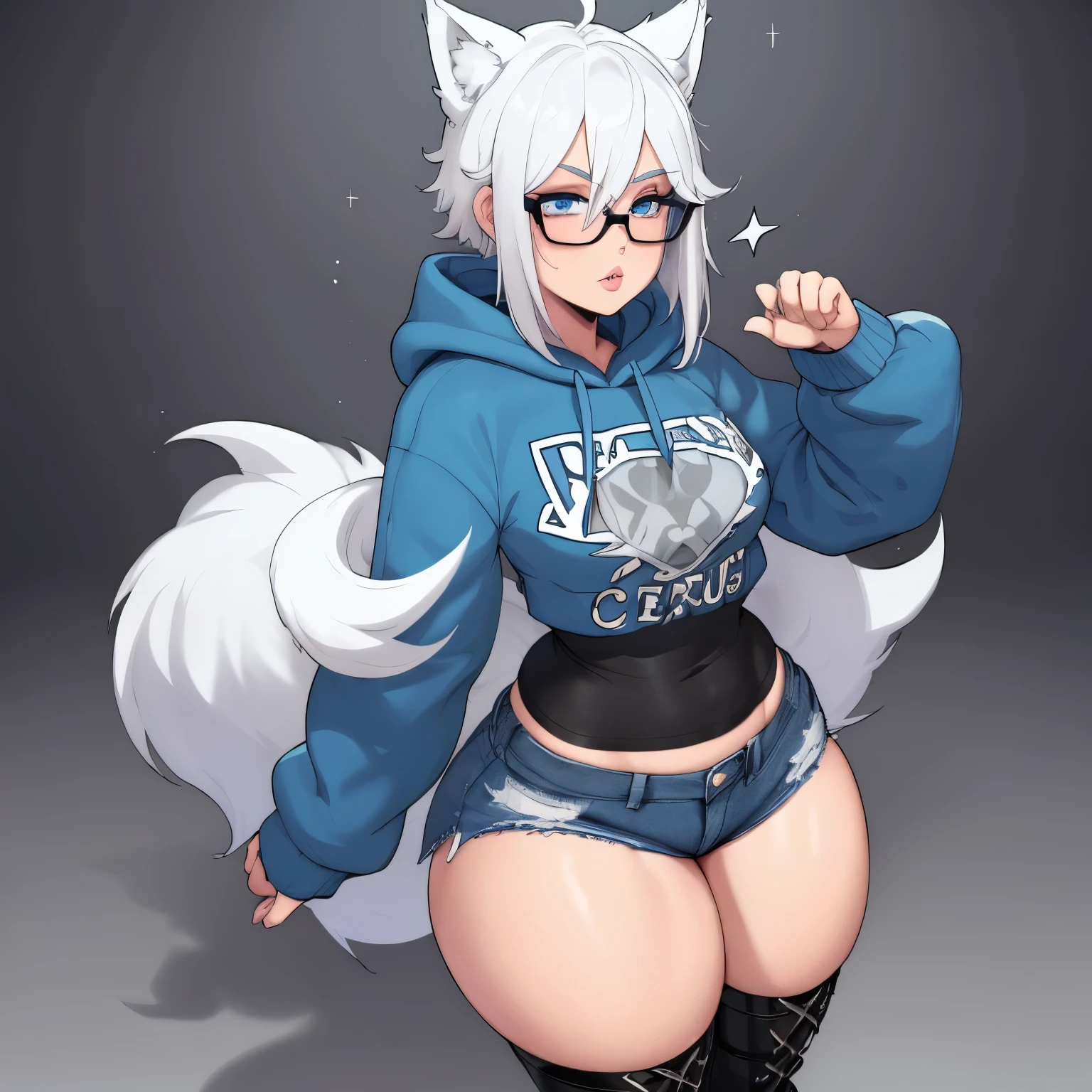 Single boy, Anime boy, Short, Long white hair, wolf ears, wolf tail, blue eyes, wearing short denim shorts, thigh high fishnets, black combat boots, oversized cropped hoodie, flat chest, super flat chest, solo femboy, only one femboy ((FLAT CHEST)) solo, alone, (SOLO)(ALONE) thicc thighs, wide hips, blue eyes, perfect eyes, perfect face, pouty lips, happy, curvy, sparkly blue eyes, wearing large round glasses