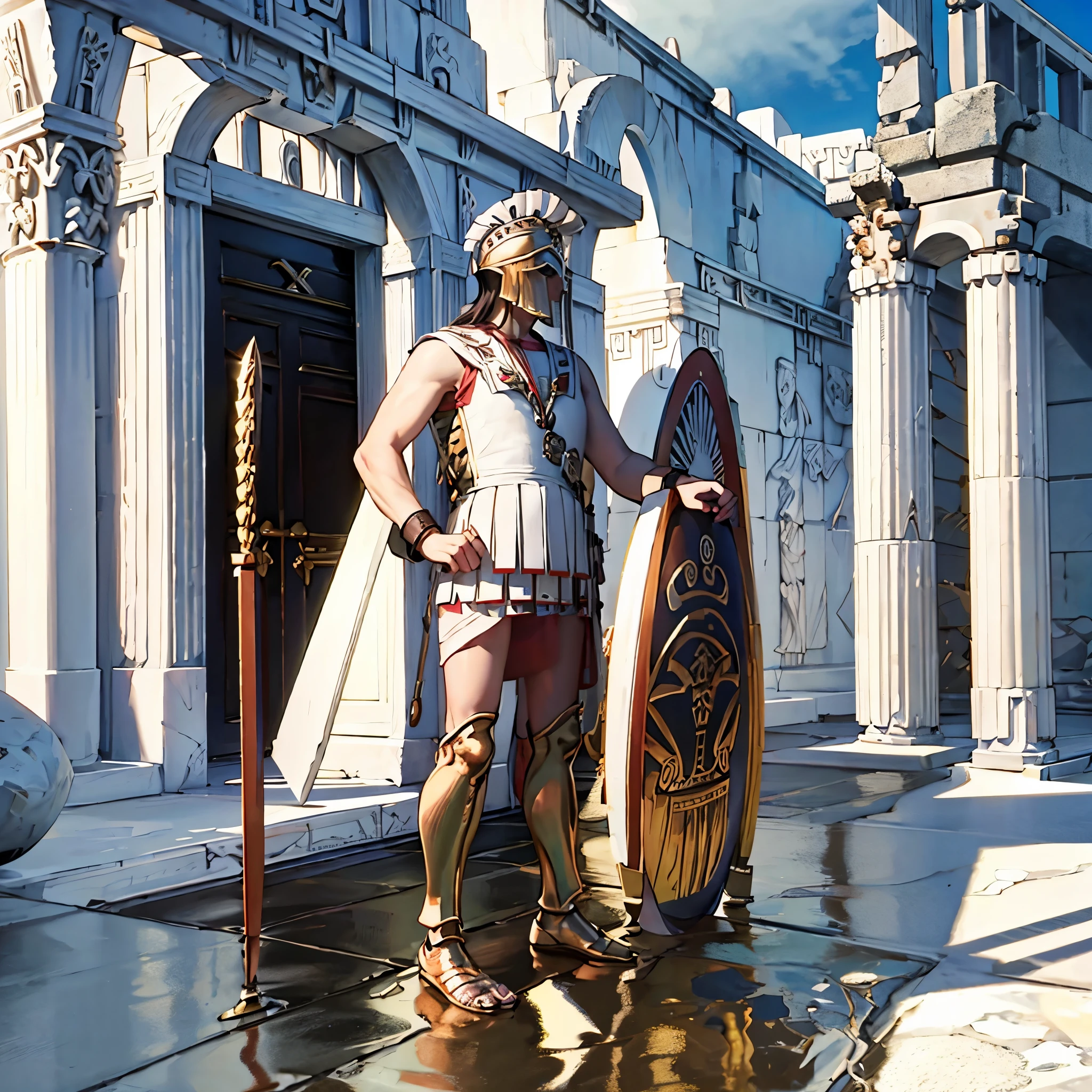 an ancient Greek warrior wearing sca chest armor, metal bracelet, Corinthian helmet, holding an ancient Greek sword and shield, metal boots, white ancient Greek clothing, holding an ancient Greek sword, ancient Greek round shield, full body, standing on a platform of a white ancient Greek building, with pillars, flower, ultra resolution, ancient Greek scenery, very detailed, high quality texture, masterpiece.
