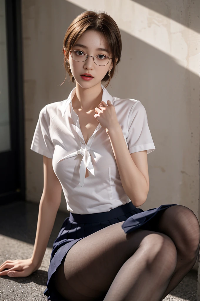 Korean school uniform、Summer shirts、Tight shirt、Bow tie、skirt、School、School stairs、Chest and head raised posture、Emphasize chest、Slim and elegant、8k original photo、high resolution、18 years old Korean、Looks awkward、Very round breasts、Beautiful eyes in detail、Long eyelashes、Nice double eyelids、Eyeshadow、Eyeliner、Slender eyes、Elongate the shape of the eyes、Three white eyes、Beautiful slender legs、Beautiful slender thighs、Random Shorthair Cat、tie hair back、Earrings and Nipple Rings、Light brown hair、(Wear pantyhose)、Hold your knees，wear glasses