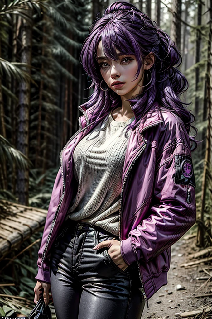 (masterpiece, best quality, ultra-detailed:1.2), 1girl, purple hair, pink jacket,black pants