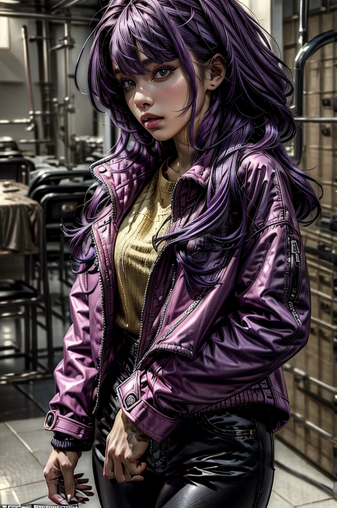 (masterpiece, best quality, ultra-detailed:1.2), 1girl, purple hair, pink jacket,black pants