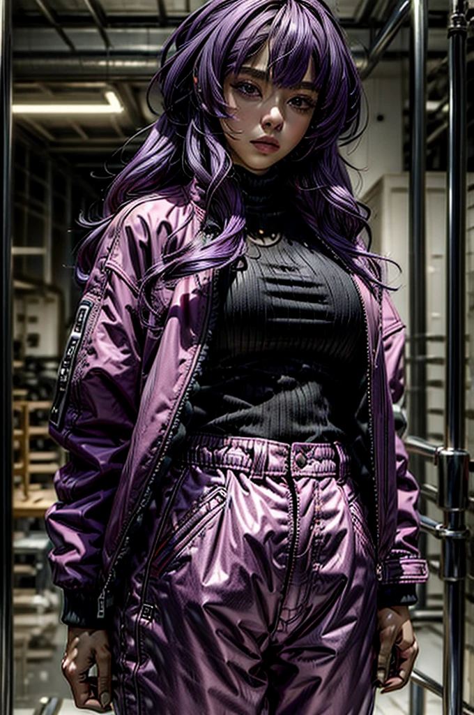 (masterpiece, best quality, ultra-detailed:1.2), 1girl, purple hair, pink jacket,black pants