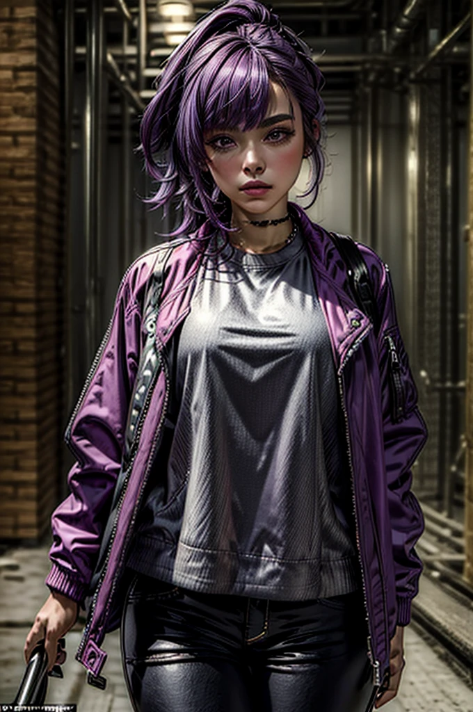 (masterpiece, best quality, ultra-detailed:1.2), 1girl, purple hair, pink jacket,black pants