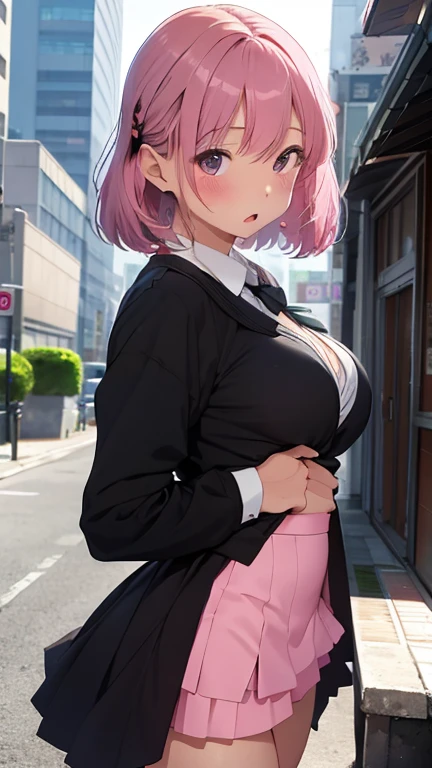 masterpiece、highest quality、Very detailed、Photograph the upper body、1 female、(Put your arms behind your back:1.2)、Are standing、Turn your body forward、View your viewers、(office lady,business suit、Black mini skirt)、break,blush、shy、Pink Hair、Open your mouth、office、Big Breasts、