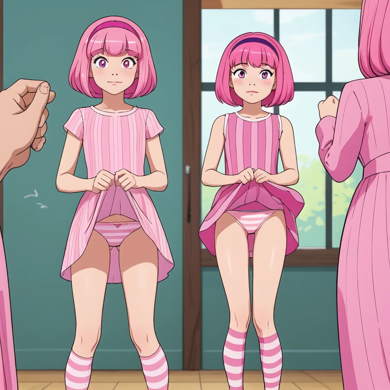 masterpiece, best quality, absurdres, best illustration, illustration, 1girl, looking at viewer, stephanie(lt), pink hair, purple hairband, pink clothes, pink dress, standing, contrapposto, upskirt focus view, pink striped panties, skirt lift,