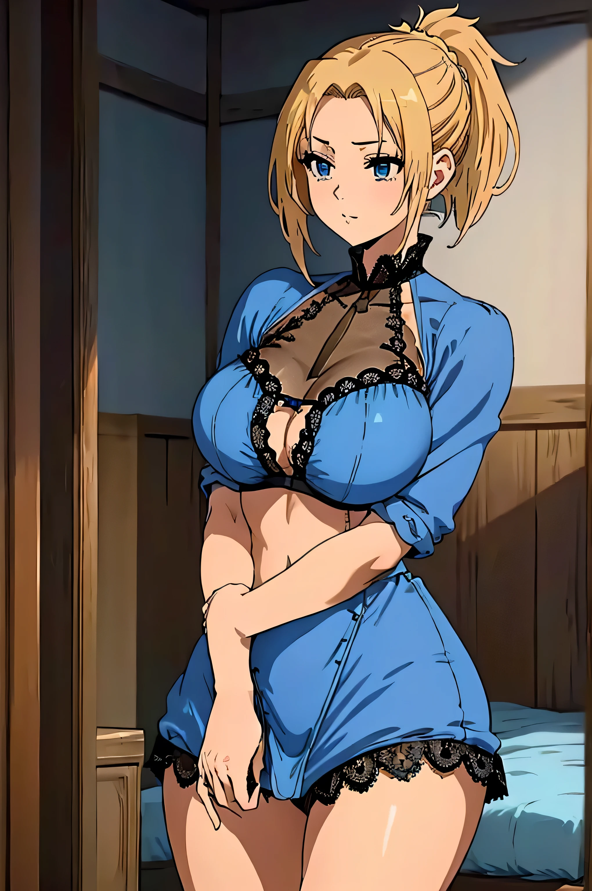 (Anime Style, Retro art style, Clean brush strokes, Very detailed, Perfect Anatomy, Browsing Caution), 1 girl, alone,((zenith)), Blonde, blue eyes, short hair, ponytail, Parted bangs, hair ornaments, Cowboy Shot,(Huge breasts:1.5,(good:1.5, Blue lace, beautiful)), Thin abdominal muscles: 1.1, (panties:1.5, Blue lace), (Spread your legs, Lie),Looking at the audience,Bedroom Background, 