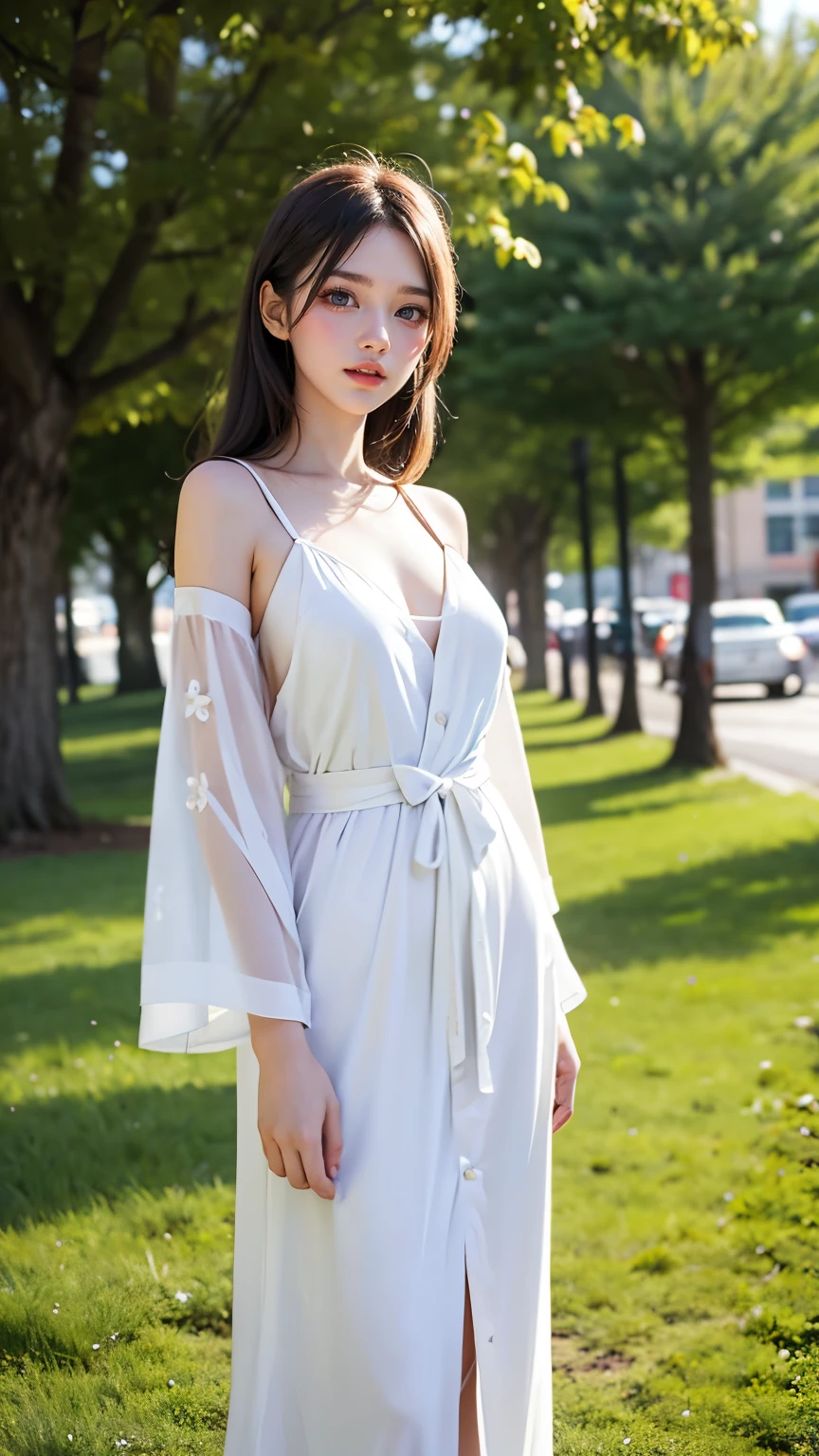 Fashion Model, 18-year-old [[[[close]]]]， [[[[Boobgasm]]]]， [[[[col]]]]， [[[[b Shoulder]]]]， Perfect Eyes， Perfect Iris，Perfect Lips，Perfect Teeth，Perfect Skin，White skin，Soft Front Light，High resolution，Couple，Young men and women，two people are close，A woman stands next to a man，The background is outdoors，Green tree々，Grass，highest quality，masterpiece，Ultra-dilution，（pastel colour：1.2）