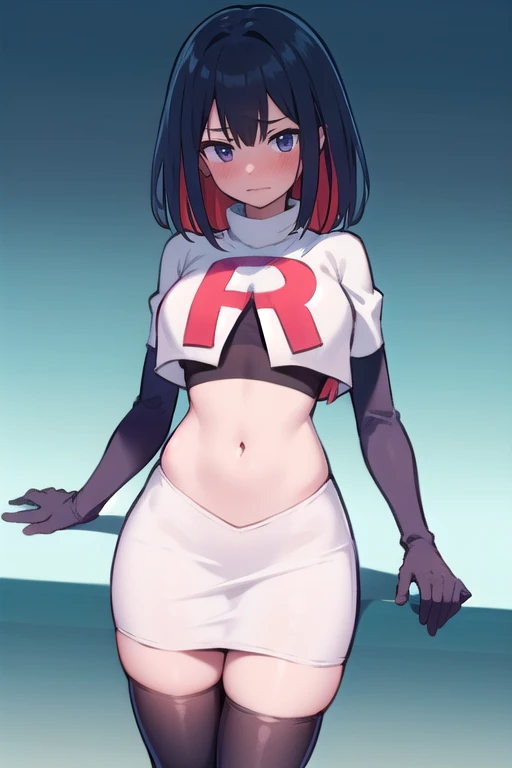 masterpiece, best quality, topaz, 1girl, multicolored hair, hair, embarrassed, team rocket,team rocket uniform,white skirt,red letter R,crop top,black thigh-highs,black elbow gloves, breasts, 